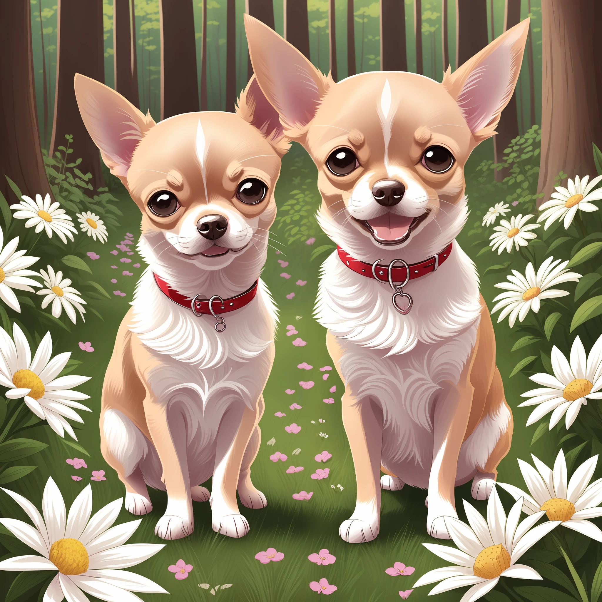 (cute chihuahua dog, same figure, front, side, back), big eyes, happy, white hair, LINEART, drawing page, casual style, running, forest, flowers, trend --auto --s2