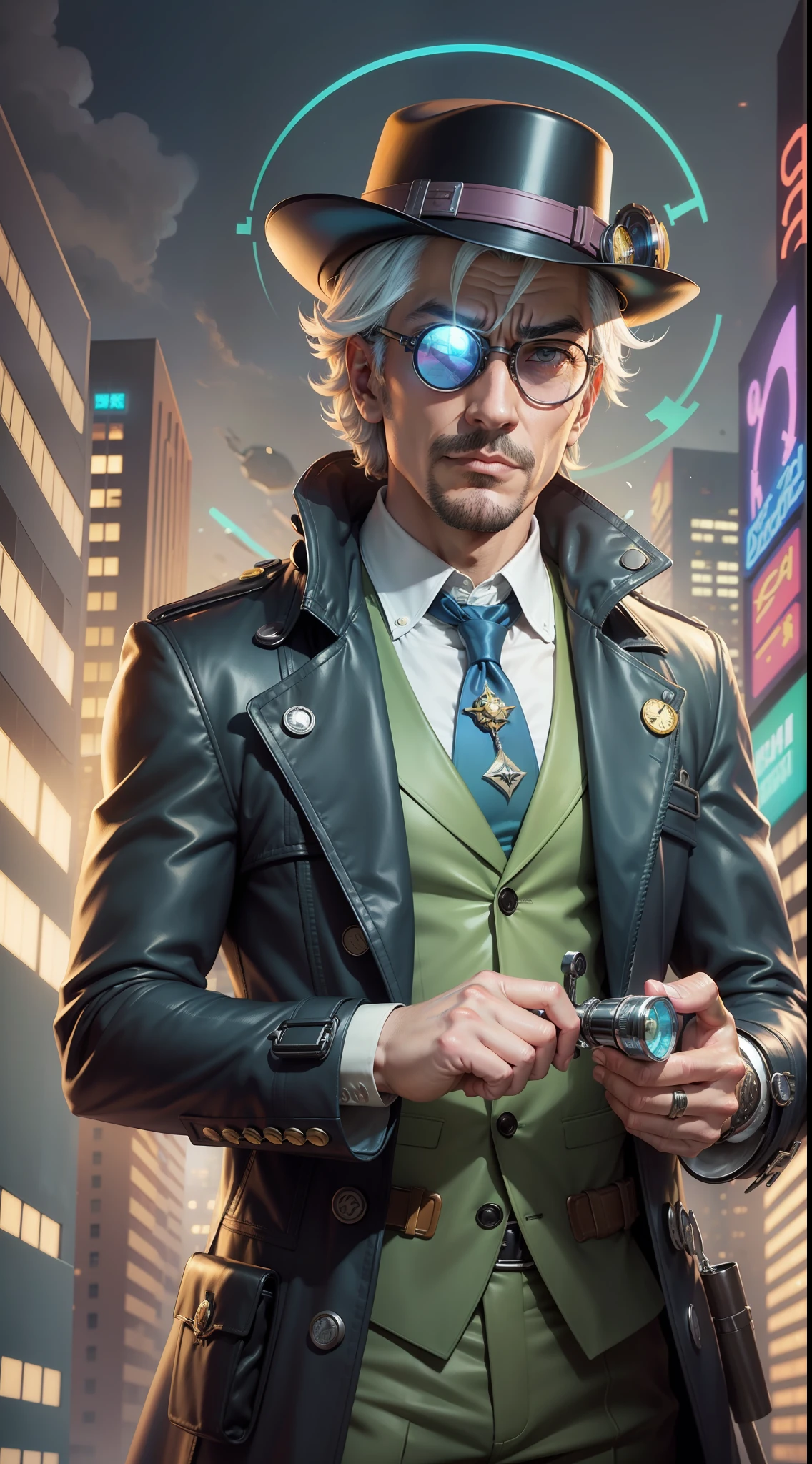 Cartoon man, cyberpunk style with trench coat with magnifying glass, Servando Lupini, detective, cartoon image, detective clothing, (doctor), with monocle, Sherlock Holmes, detective coat, official art, filtered image, inspired by Edmond Xavier Kapp, inspired by Junpei Satoh, Sly, Nigel Thornberry, Saul Goodman in The Simpsons