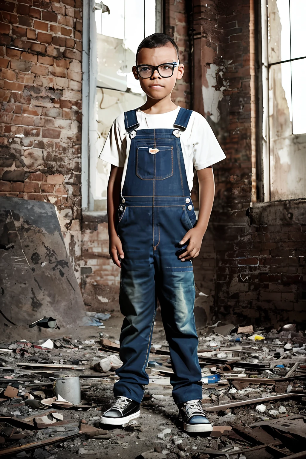 guttonerdvision5, 3 year old boy with glasses, detailed face, realistic, full body, overalls, abandoned factory, grown-up, garbage, beautiful lighting, detailed, night sun, vintage colors, sepia, professional photography