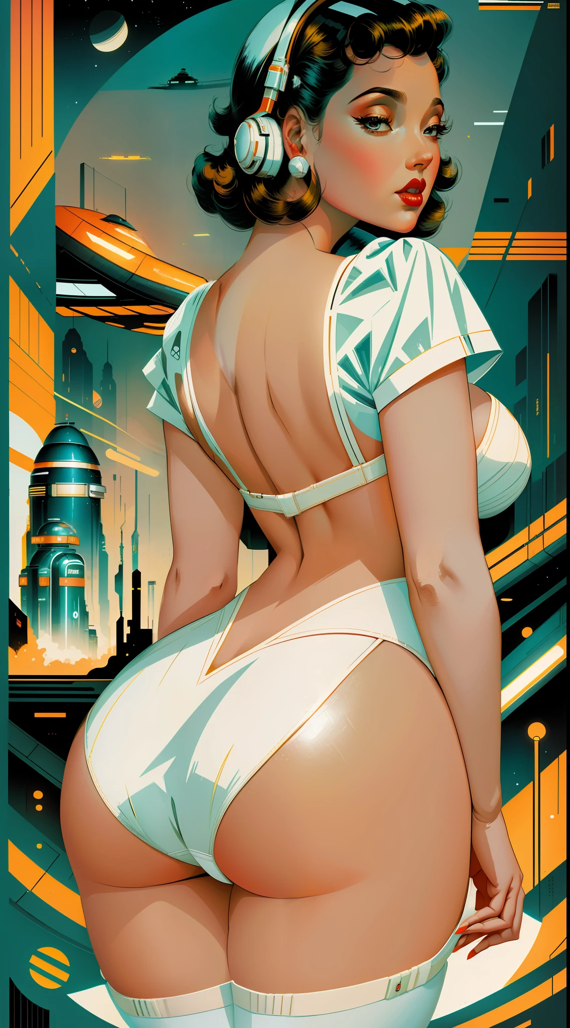 retro scifi art,vintage,magazine cover,fashion,1pinup girl back with very white sexy lingerie clothes,ass,bottom-up view,vintage kitchen