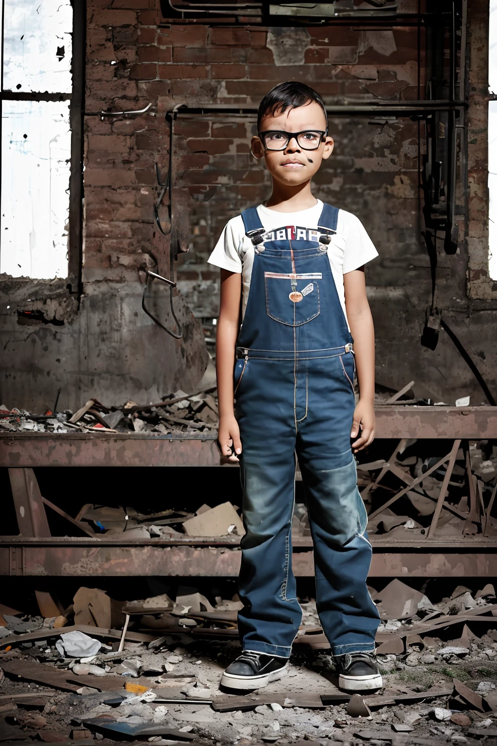 guttonerdvision5, 3 boy with glasses, detailed face, realistic, full body, overalls, abandoned factory, grown-up, garbage, beautiful lighting, detailed, night sun, vintage colors, sepia, professional photography