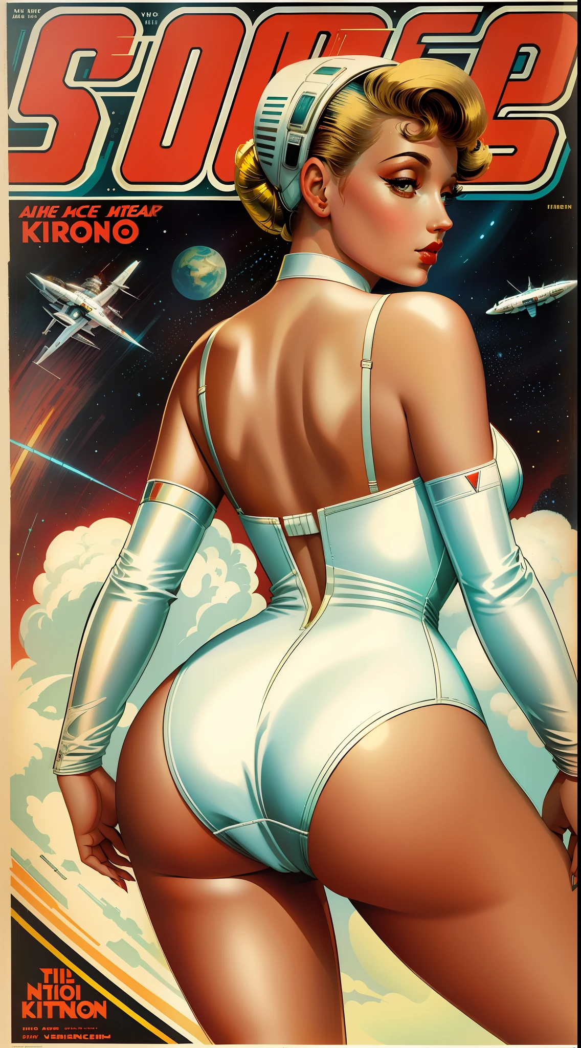 retro scifi art,vintage,magazine cover,fashion,1pinup girl back with very white sexy lingerie clothes,ass,bottom-up view,vintage kitchen