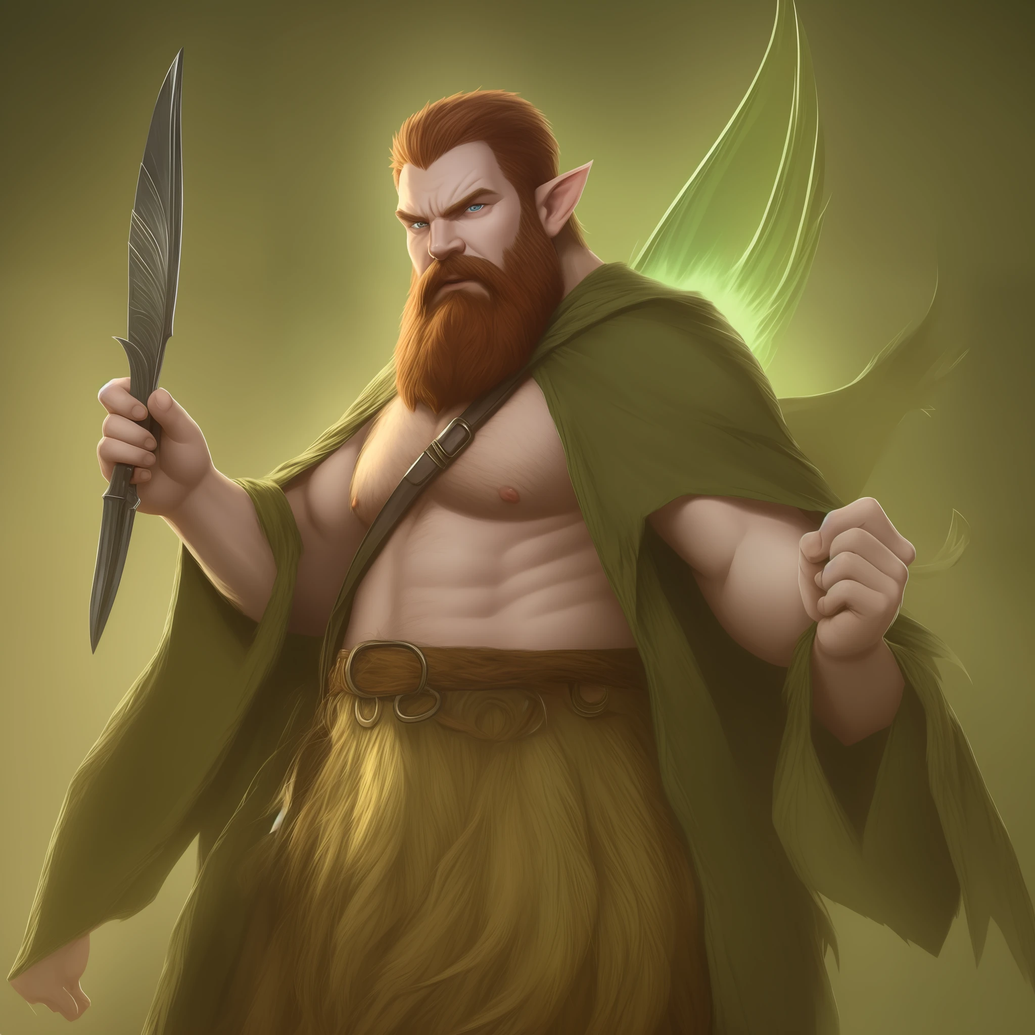 man, redhead with big beard, green eyes, evil face, angry, elf outfit, big ears with earrings, with cute appearance, person low height, with long and bright fairy wing --auto --s2