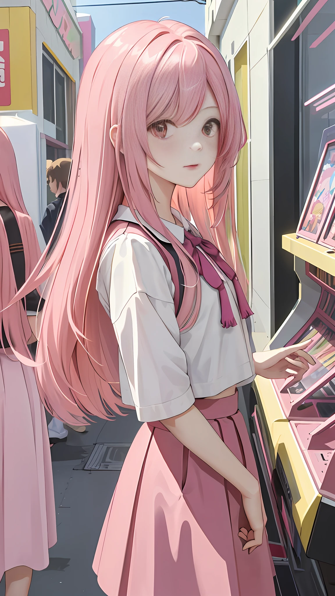 (Masterpiece, best quality: 1.4), in the arcade (sunny_day: 1.1),
Pink hair, upper_body, tassels,
{straight hair|(wavy hair:0.8)},
{long hair|medium hair|short hair}, single anime girl, kawaii cute skirt