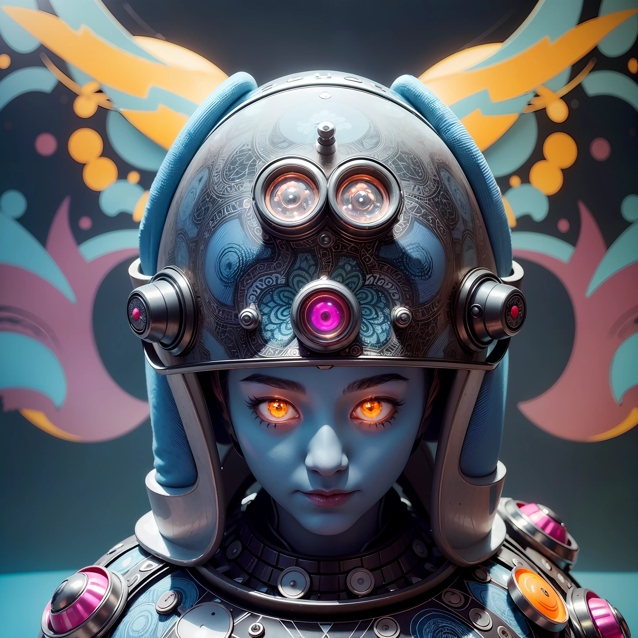 (kittybot shaman DMT aura with a transparent helmet with a protruding brain: 1.4), (metal wings: 1.2), (hyperloop car flask mask: 1.2), (kawaii cyberpop fractal art: 1.6), (Tobias Gremmler art style of fluid and dynamic forms: 1.6), (organic-geometric mix: 1.6), (the shaman's head reflects happiness as a mood and mind in surreal ways:  1.2), (mask creates motion and warping in light: 1.3), (ultra-high resolution: 1.4), (ray tracing illumination: 1.4), (subsurface scattering skin: 1.2), (particle effects: 1.4), (depth of field: 1.4), (geometric-dotist abstraction: 1.6), (generative fluid fractal algorithm: 1.6).