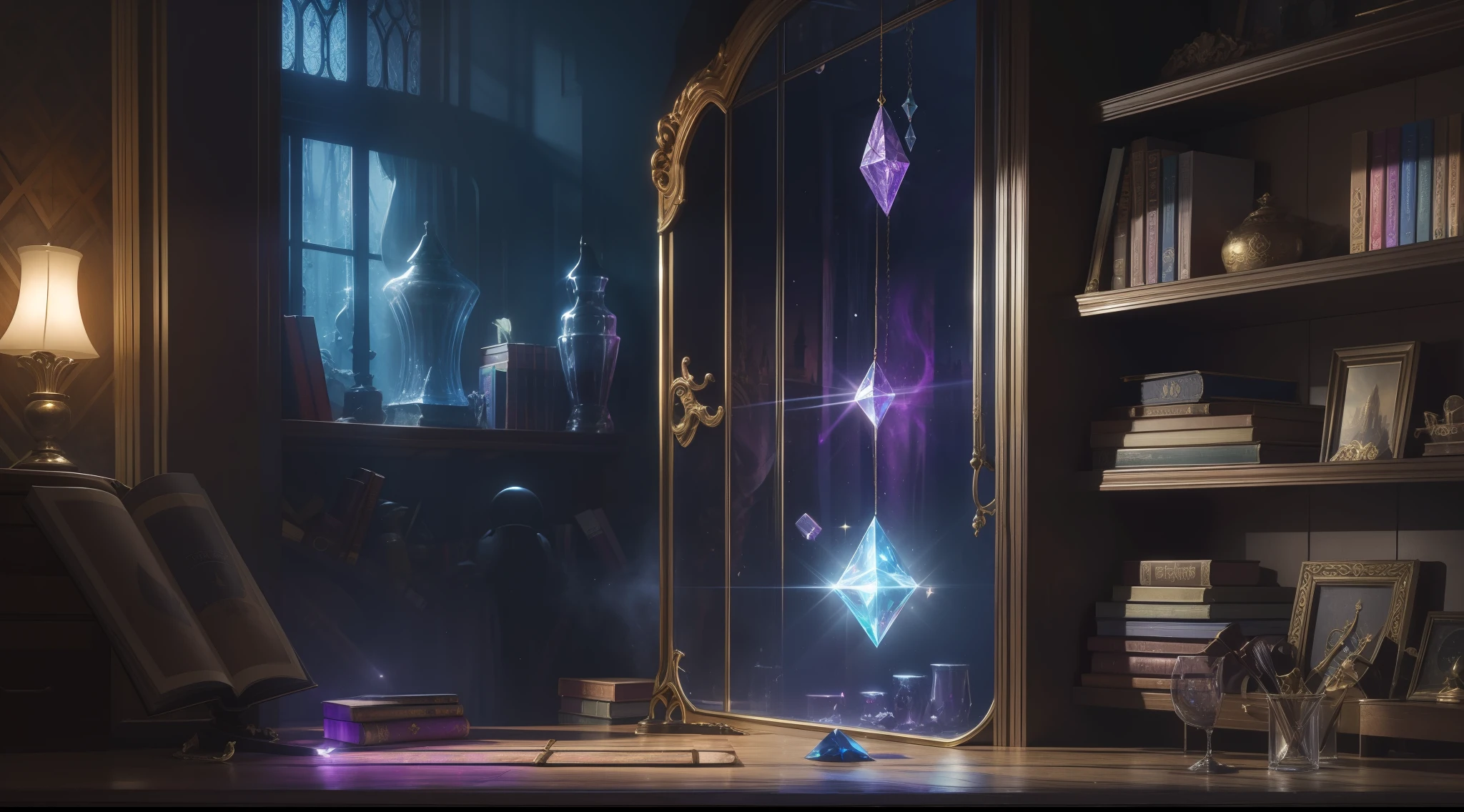 Fantasy magician's workroom with magical artifacts, bright crystals and books in the closet, vibrant, photorealistic, realistic, dramatic, dark, sharp focus, 8k