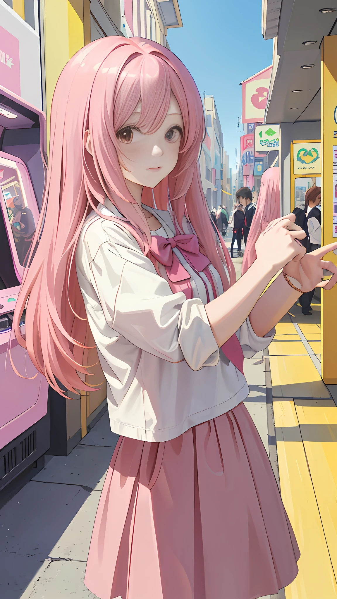 (Masterpiece, best quality: 1.4), in the arcade (sunny_day: 1.1),
Pink hair, upper_body, tassels,
{straight hair|(wavy hair:0.8)},
{long hair|medium hair|short hair}, single anime girl, kawaii cute skirt