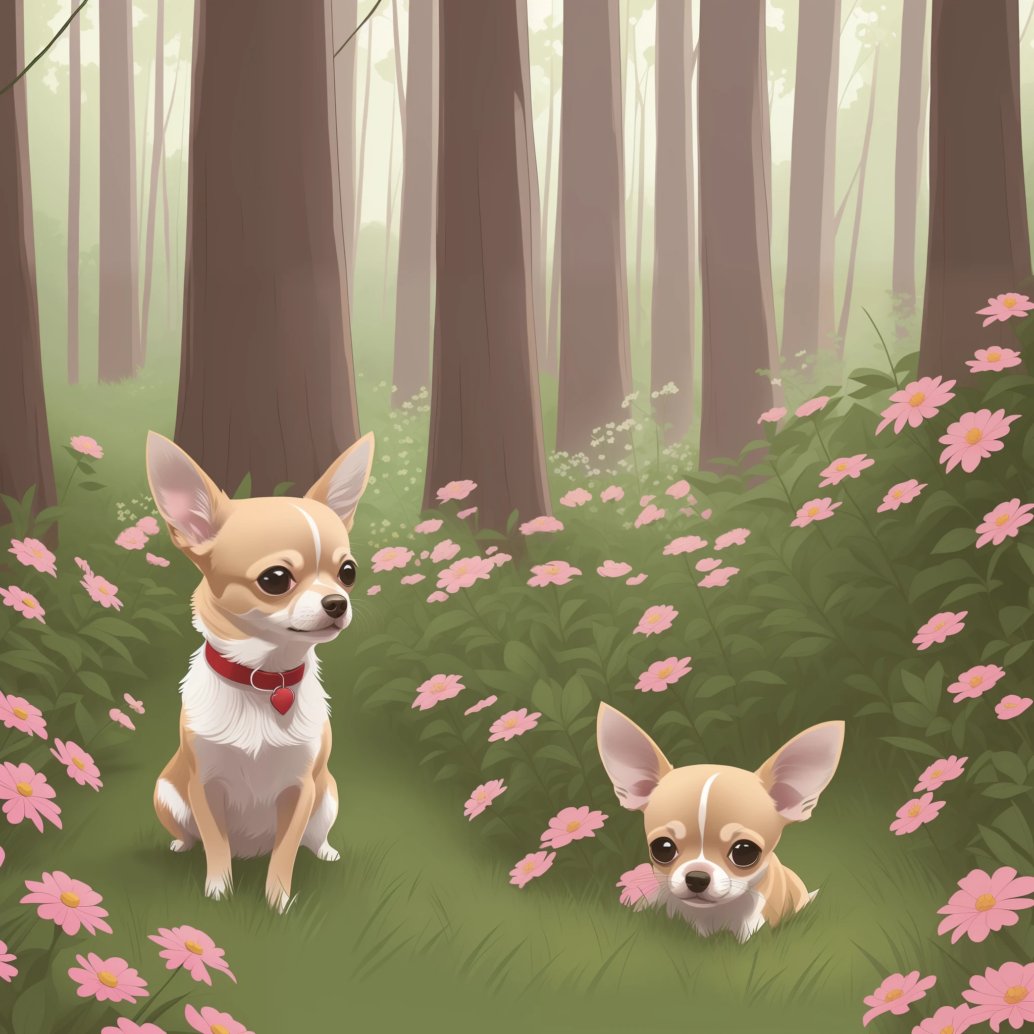 (cute chihuahua dog, same figure, front, side, back), big eyes, happy, white hair, LINEART, drawing page, casual style, running, forest, flowers, trend --auto --s2