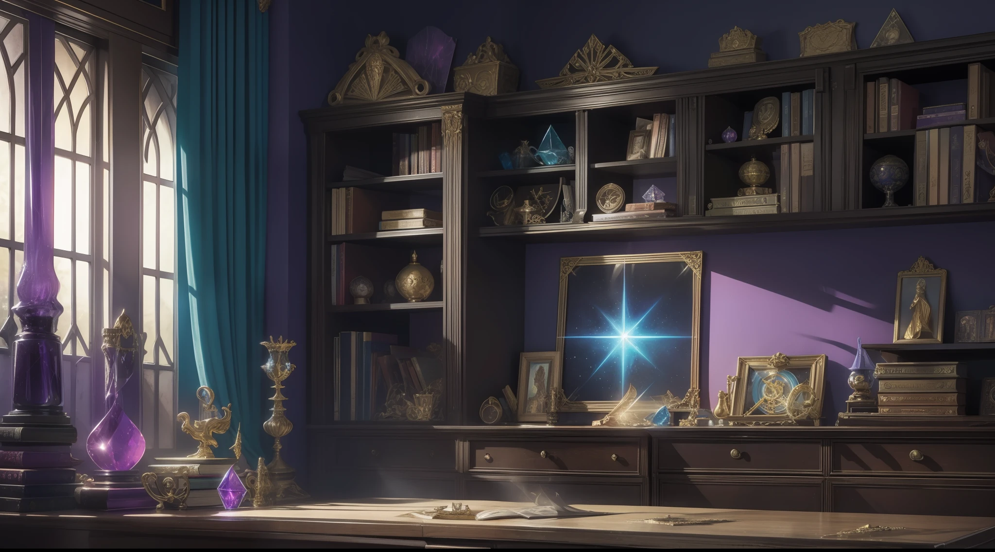 Fantasy magician's workroom with magical artifacts, bright crystals and books in the closet, vibrant, photorealistic, realistic, dramatic, dark, sharp focus, 8k