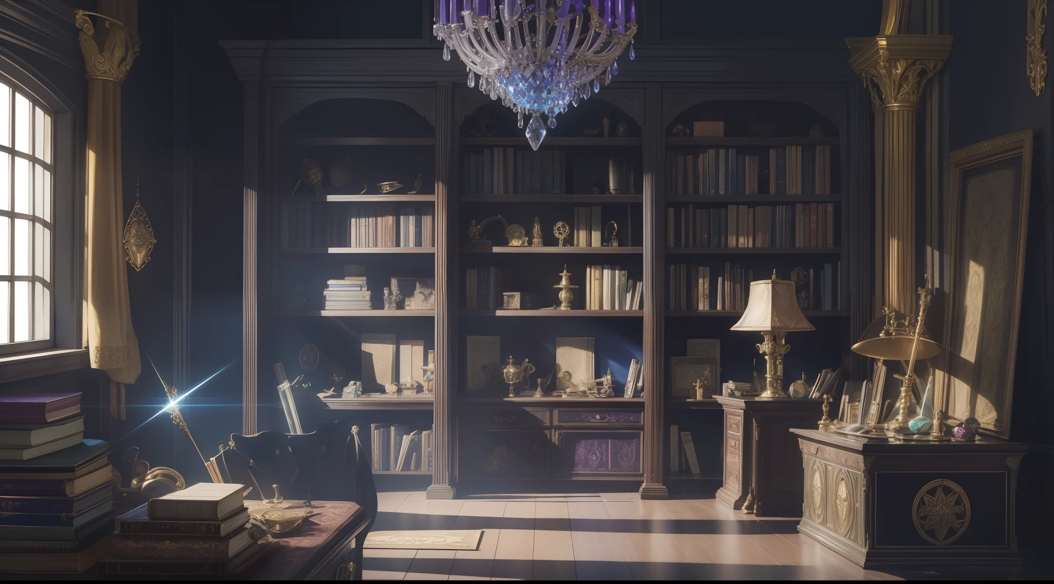 Fantasy magician's workroom with magical artifacts, bright crystals and books in the closet, vibrant, photorealistic, realistic, dramatic, dark, sharp focus, 8k