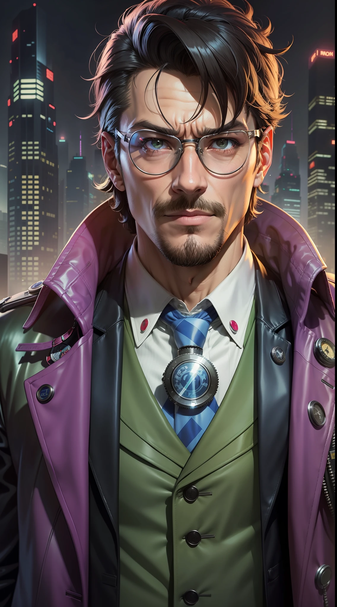 Cartoon man, cyberpunk style, with trench coat with magnifying glass, Servando Lupini, detective, cartoon image, detective clothing, (doctor), with monocle, Sherlock Holmes, detective coat, official art, filtered image, inspired by Edmond Xavier Kapp, inspired by Junpei Satoh, Sly, Nigel Thornberry, Saul Goodman in The Simpsons