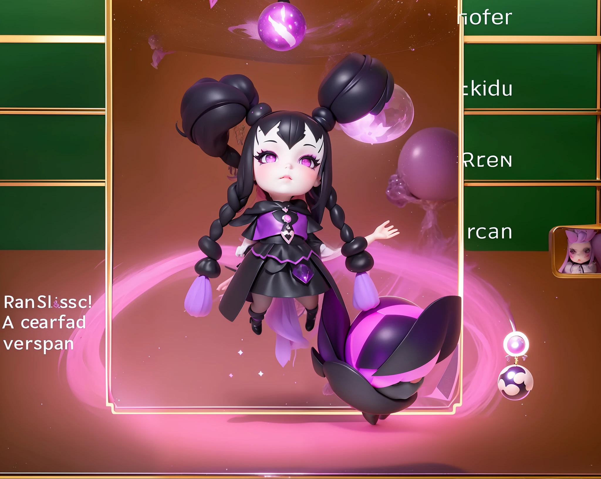sorceress, black forest background, pale doll mask with black eyes and pink blush on her cheeks, black pigtail hair, black staff with purple crystal ball at the tip, black leather clothing with purple, gnome, black eyes with pink blush on the face, purple aura, orb of purple light floating around the sorcerer, Galaxy-shaped halo with purple center