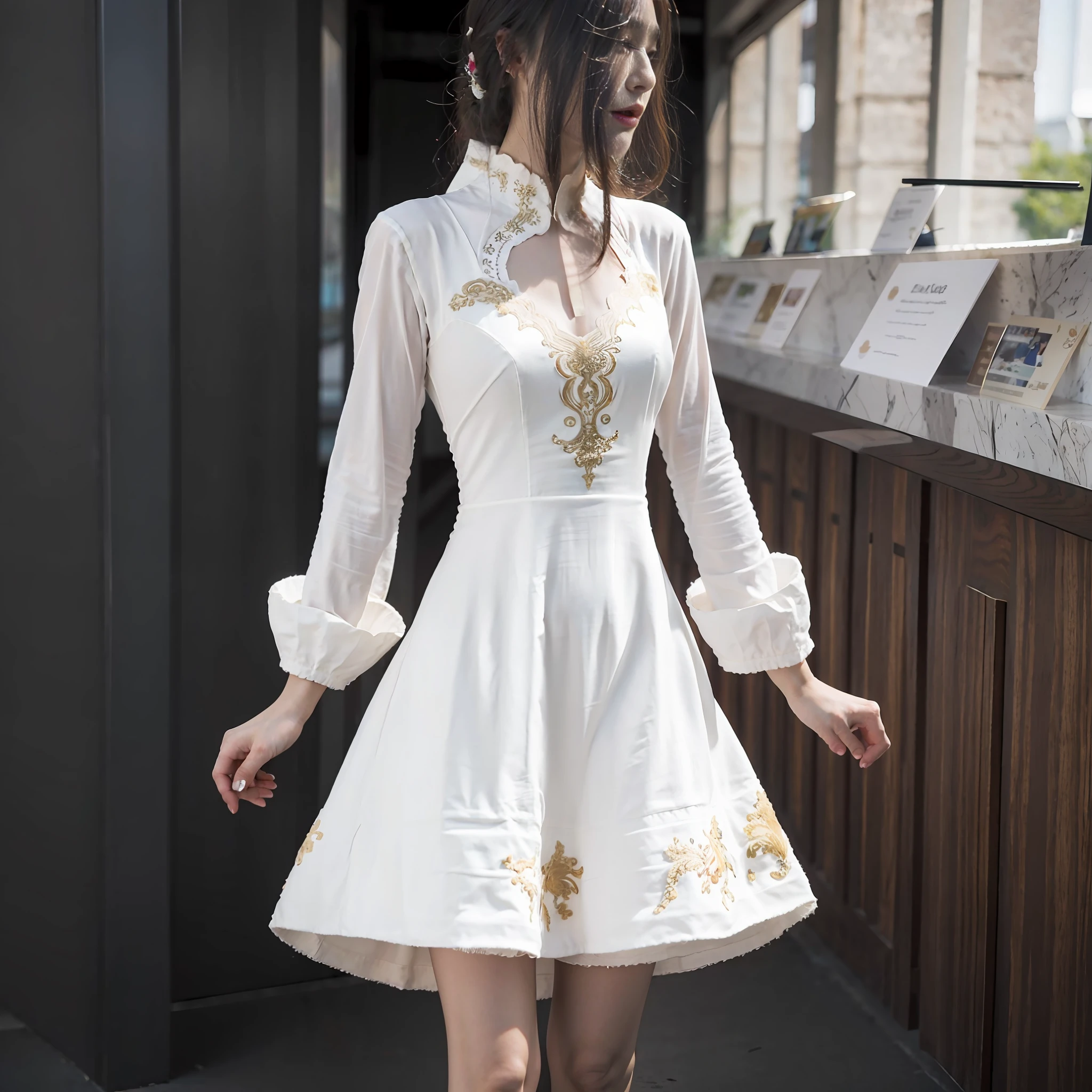 Close-up of mannequin in gold embroidered white dress, white royal dress, elegant white dress, white hanfu, white and gold dress, elegant dress, luxurious dress, ancient white dress, white dress, romantic dress, complex fantasy dress, white robe with golden accent, cheongsam, intricate white dress, exquisite details golden brushstrokes, fantasy dress, super high quality, beautiful beauty