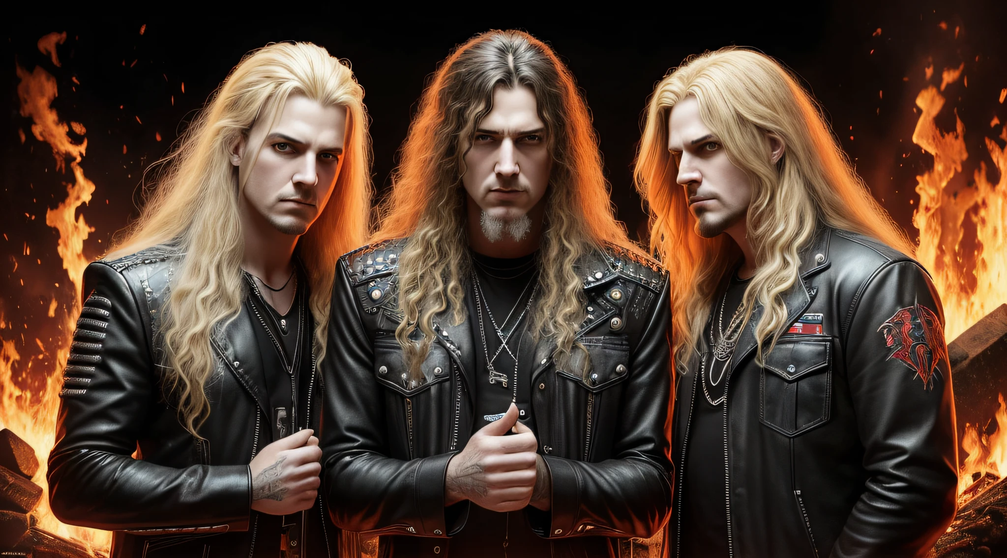 best quality, ultra high resolution, (photorealistic: 1.4), TRES men standing next to each other in front of a fire, heavy metal band promo, thrash metal, heavy rock band photo promo, caparison, long blonde flaming hair, proto - metal band promo, glam metal hair, heavy metal the movie, burning in hell, promotional shot, new wave of british heavy metal, photo documetalism, metalhead --auto --s2