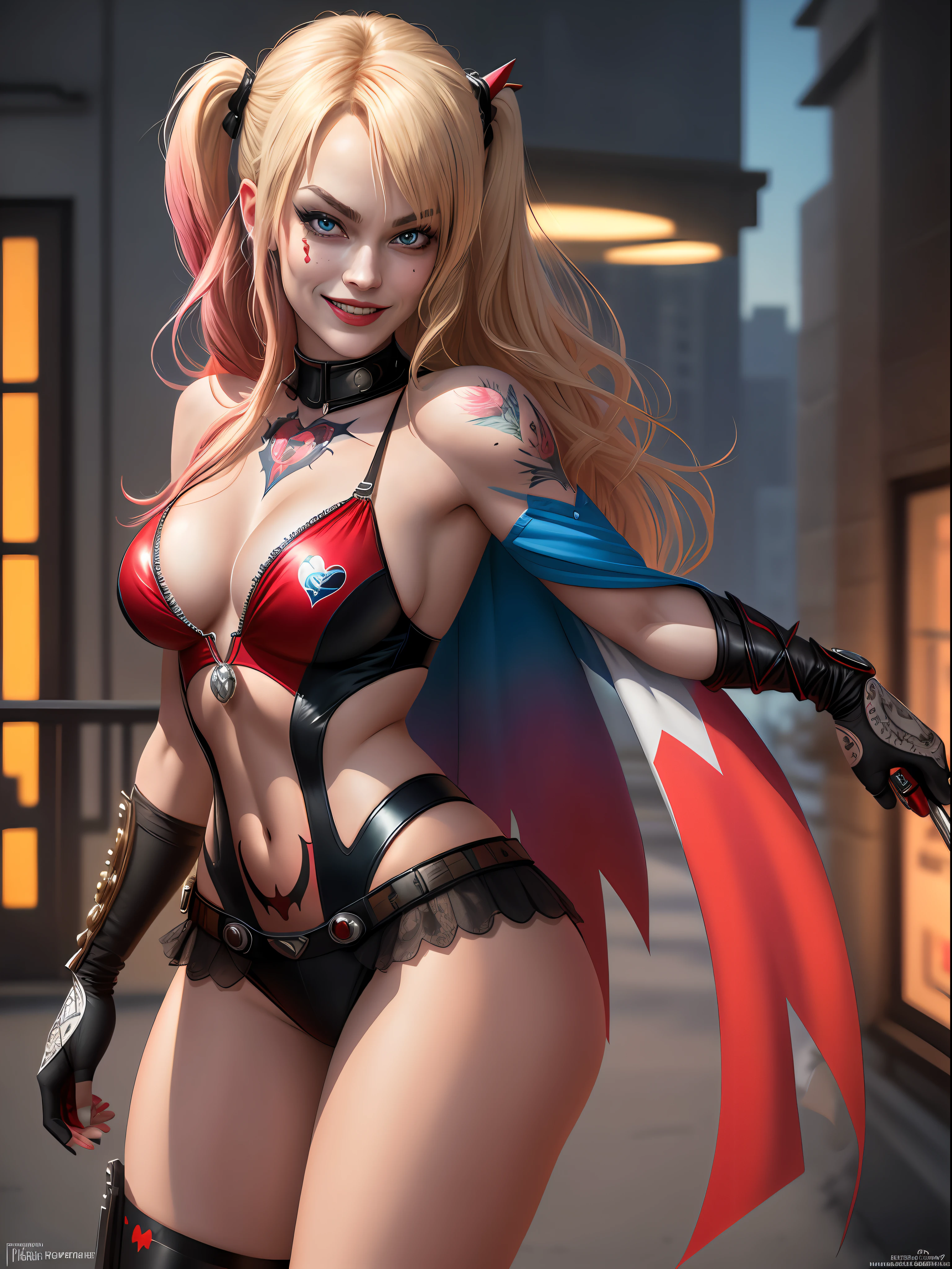 Harley Quinn (best quality), with long hair, neckline top with large breasts, big butt, turned legs, nipple sticker, tattoo below navel office room, masterpiece, ultra detailed, highest quality photography, 4k quality, best quality, textured skin, anatomically correct, super detail, realistic, realistic eyes, perfect face, perfect eyes, best quality wallpapper, colorful, full bodyYvonne strahovski. Harley Quinn from DC Comics beautiful Hungarian woman, intricately decorated, realistic rendering Character design, photorealistic, unreal mechanism, hyperdetailed. ((best quality)), ((masterpiece)), ((realistic)), (detailed), close-up portrait, full-body portrait, blue eyes, black and red costume, highly detailed skin and hair, looking at the viewer, stunning gradient colors, sadistic smile, detailed background, city at night, detailed mouth, incredibly detailed, ((masterpiece)), absurdities, HDR.