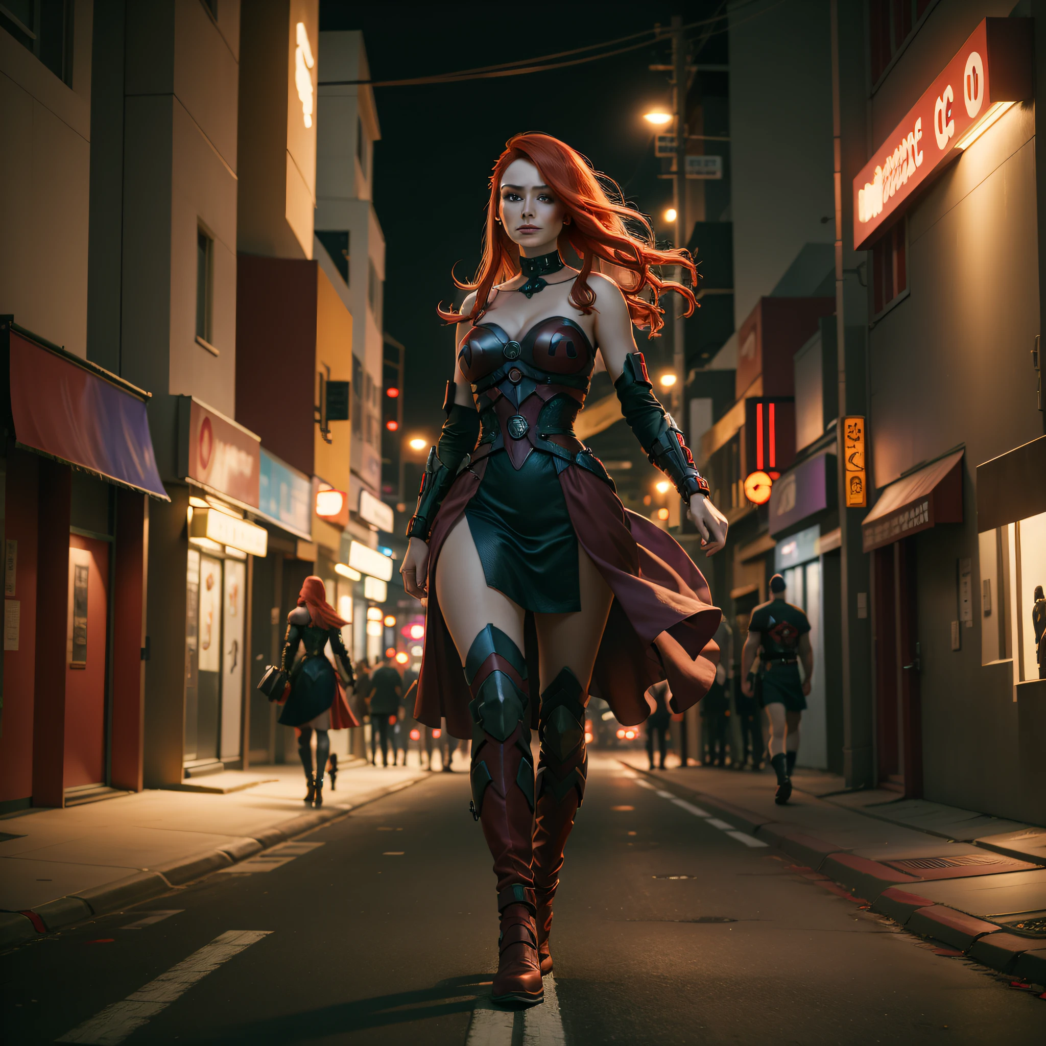 A portrait of a red-haired woman with purple eyes wearing a fanciful dress of red and black colors, walking down the street at night, a street with only buildings around and all lit up in cyberpunk style