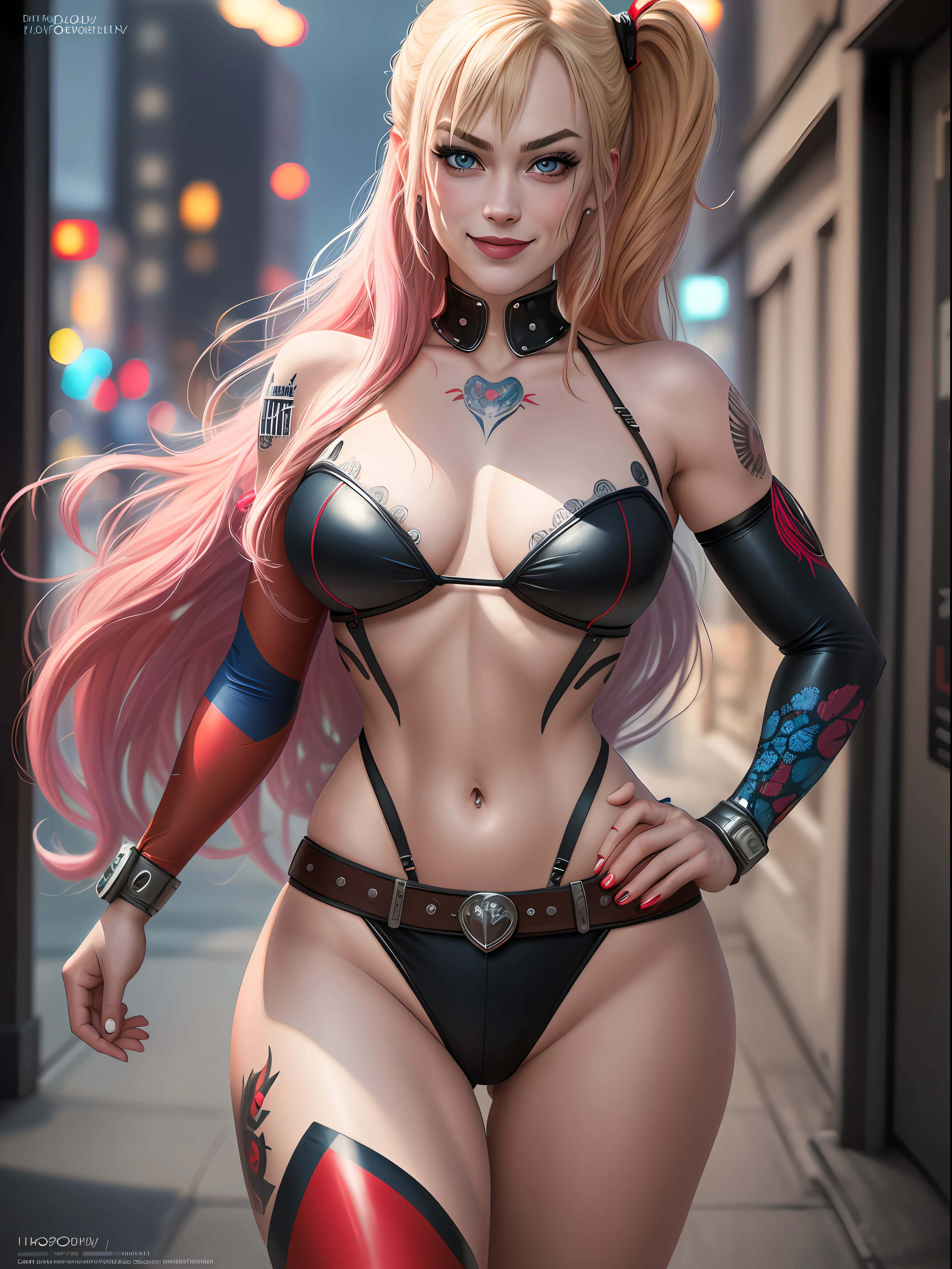 Harley Quinn (best quality), with long hair, neckline top with large breasts, big butt, turned legs, nipple sticker, tattoo below navel office room, masterpiece, ultra detailed, highest quality photography, 4k quality, best quality, textured skin, anatomically correct, super detail, realistic, realistic eyes, perfect face, perfect eyes, best quality wallpapper, colorful, full bodyYvonne strahovski. Harley Quinn from DC Comics beautiful Hungarian woman, intricately decorated, realistic rendering Character design, photorealistic, unreal mechanism, hyperdetailed. ((best quality)), ((masterpiece)), ((realistic)), (detailed), close-up portrait, full-body portrait, blue eyes, black and red costume, highly detailed skin and hair, looking at the viewer, stunning gradient colors, sadistic smile, detailed background, city at night, detailed mouth, incredibly detailed, ((masterpiece)), absurdities, HDR.