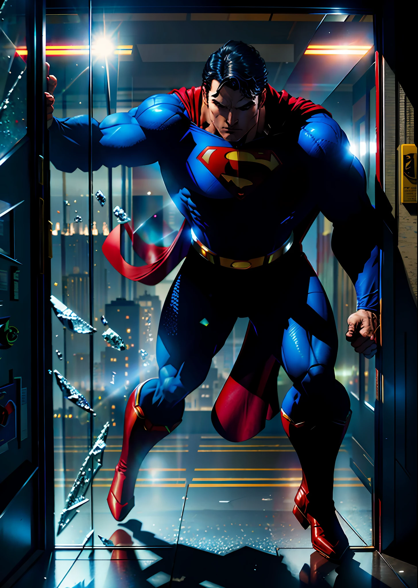 shattered glass effect, Superman crossing a glass wall, award-winning photo, masterpiece, high quality, solo focus, Superman (blue suit and red cape: 1.3), (hero: 1.3) breaking a mirror, seriously, nikon d850 film stockphoto 4 kodak camera portra 400 lens f1.6 rich colors hyper realistic texture dramatic lighting irrealengine trending on artstation cinestill 800,