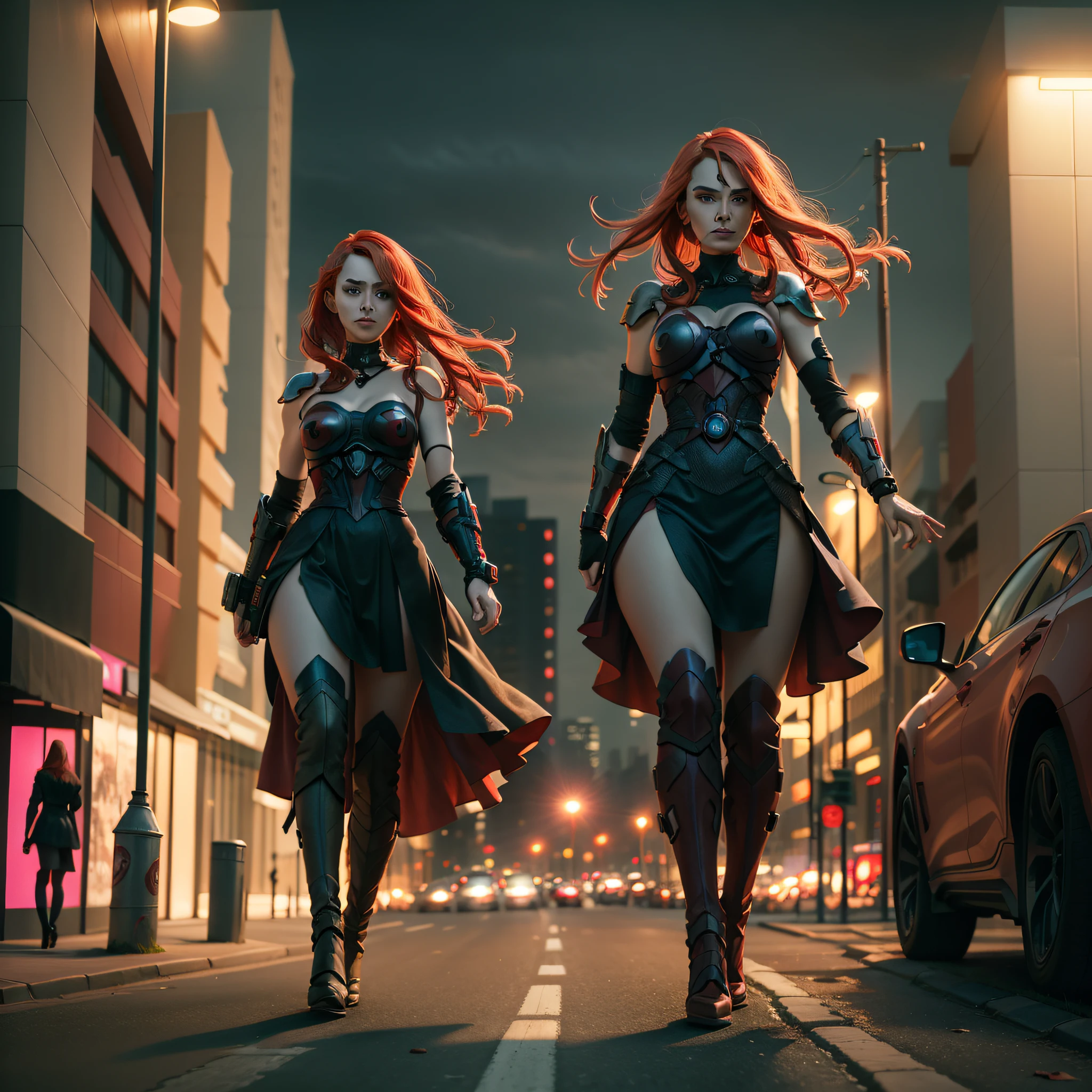 A portrait of a red-haired woman with purple eyes wearing a fanciful dress of red and black colors, walking down the street at night, a street with only buildings around and all lit up in cyberpunk style