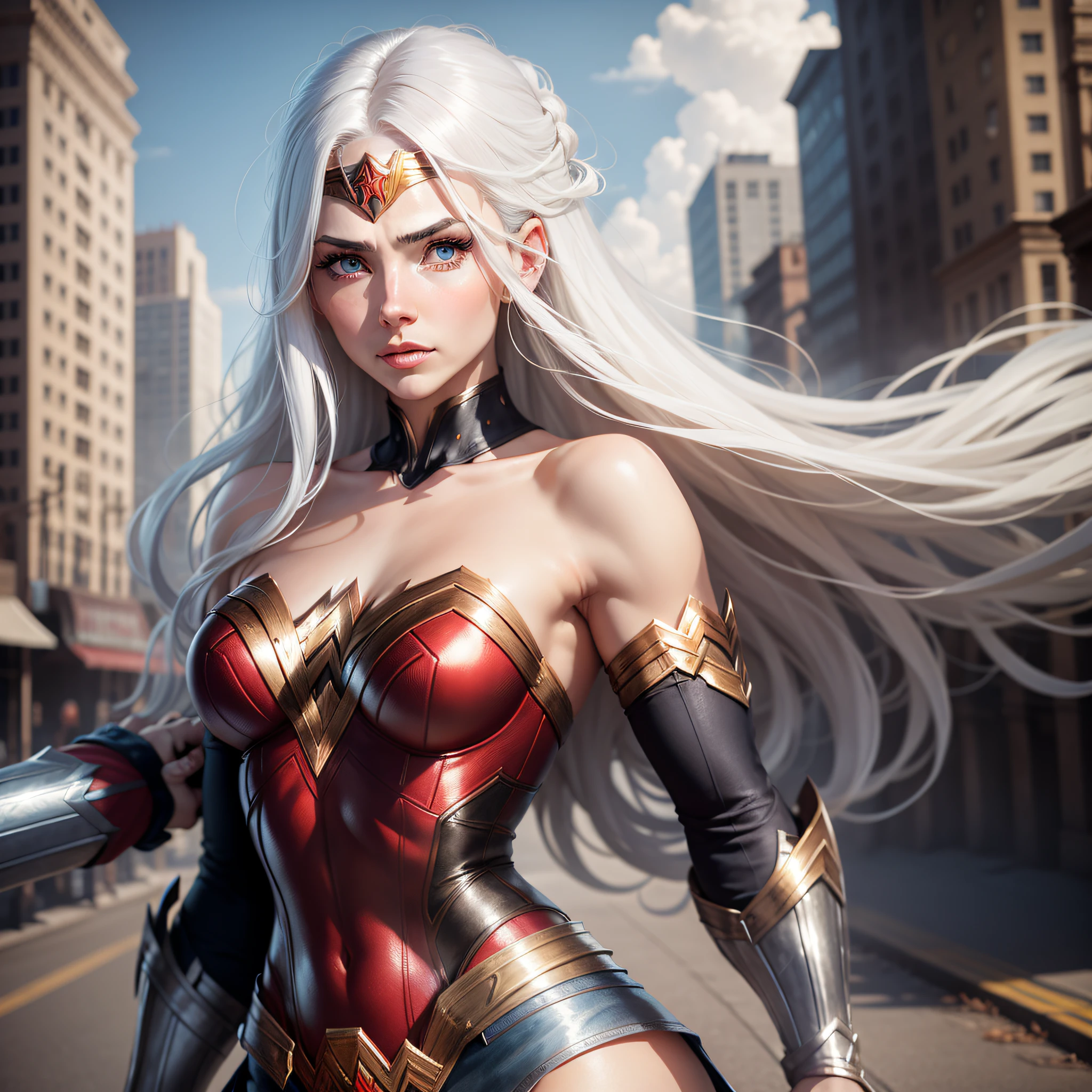 woman, defined body, small breasts, white hair, straight hair, eyes with heterochromia, fantasy of WONDER WOMAN, in the background a city