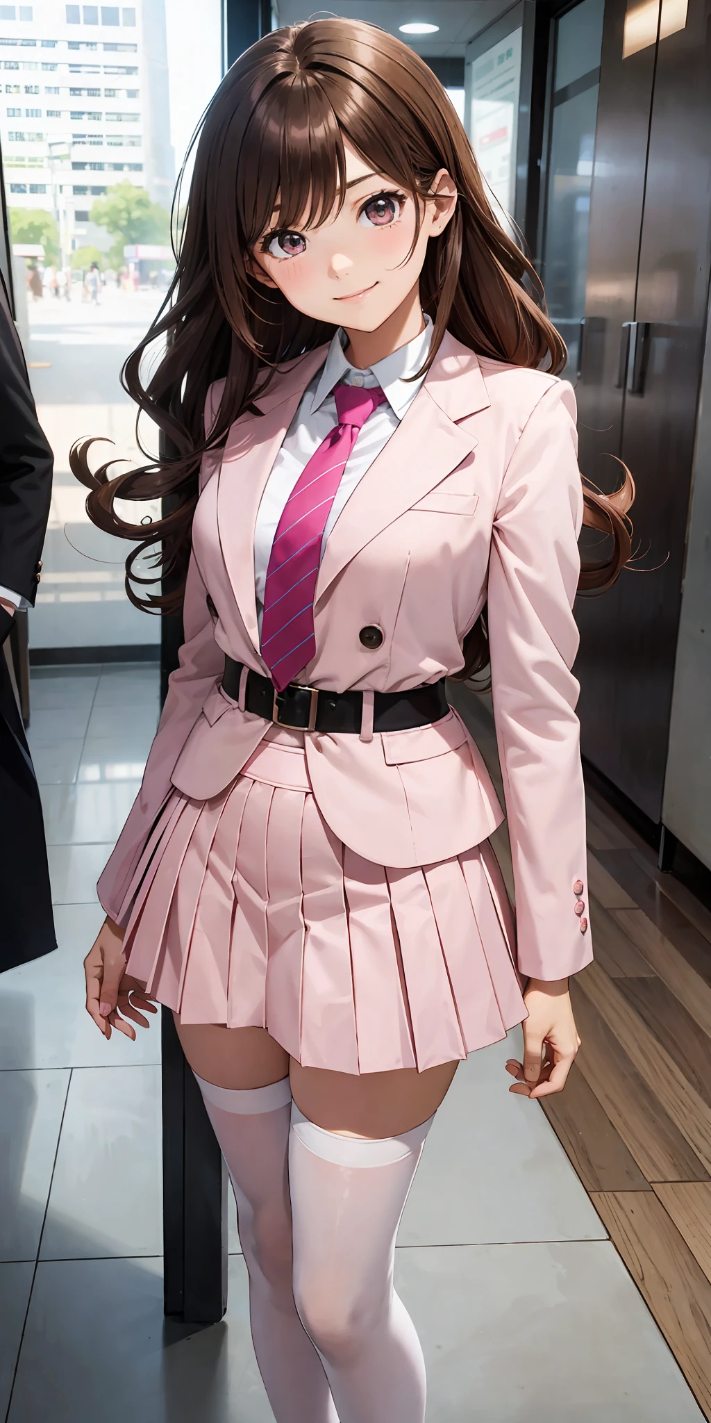 perfect anime illustration, 1girl, brown hair, wavy hair, matching hairstyle, hazel eyes, smiling, white skin, matching outfits, pink skirt suit, necktie, pink blazer, pink tight skirt, white thigh highs, black high heels, office, highres, full body, pose