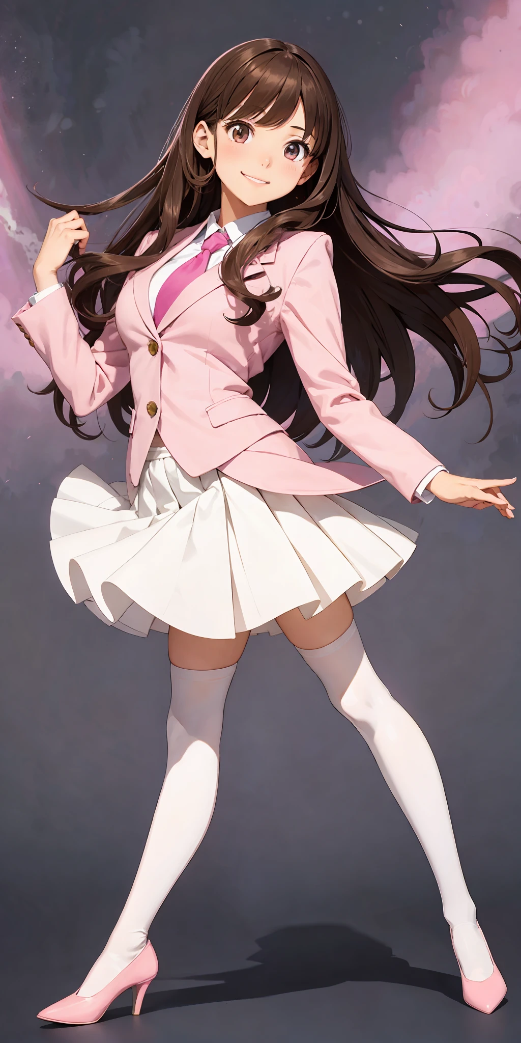 perfect anime illustration, 1girl, brown hair, wavy hair, matching hairstyle, hazel eyes, smiling, white skin, matching outfits, pink skirt suit, necktie, pink blazer, pink tight skirt, white thigh highs, black high heels, white background, highres, full body, pose