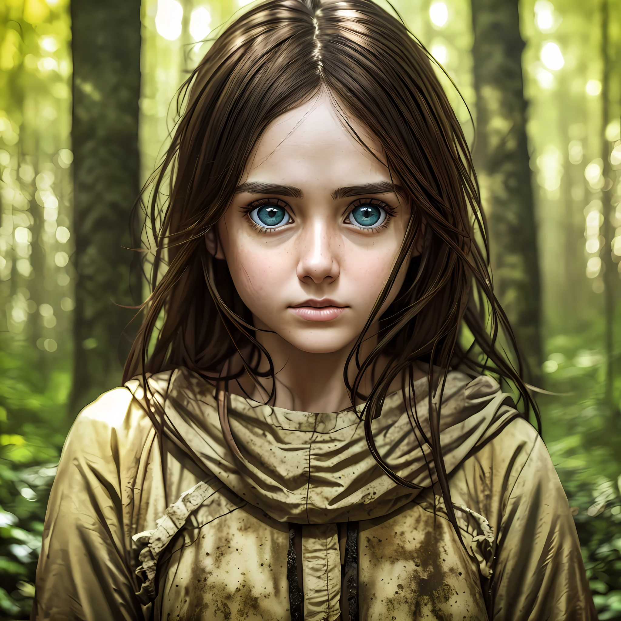 brunette woman, super realistic, fair skin, half body, fully dressed, dirty and scared face, big eyes, in the forest, sun illuminating the very yellowish environment, blurred image background and dark photo --auto --s2