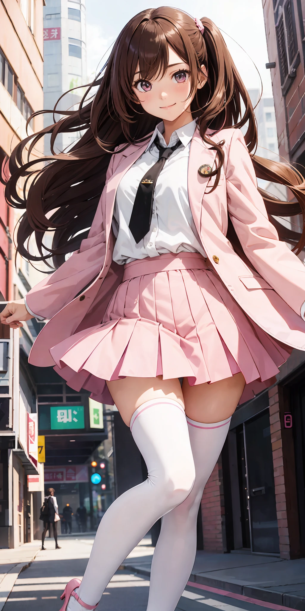 perfect anime illustration, 1girl, brown hair, wavy hair, matching hairstyle, hazel eyes, smiling, white skin, matching outfits, pink skirt suit, necktie, pink blazer, pink tight skirt, white thigh highs, black high heels, white background, highres, full body, pose