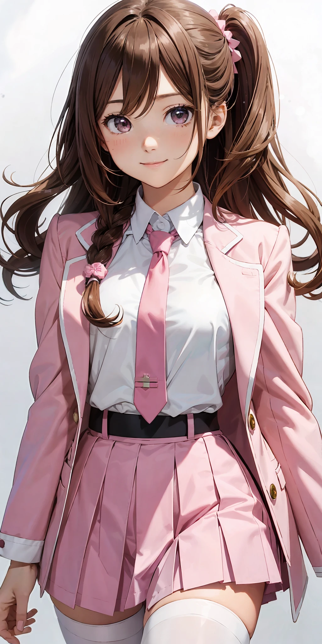 perfect anime illustration, 1girl, brown hair, wavy hair, matching hairstyle, hazel eyes, smiling, white skin, matching outfits, pink skirt suit, necktie, pink blazer, pink tight skirt, white thigh highs, black high heels, white background, highres, full body, pose