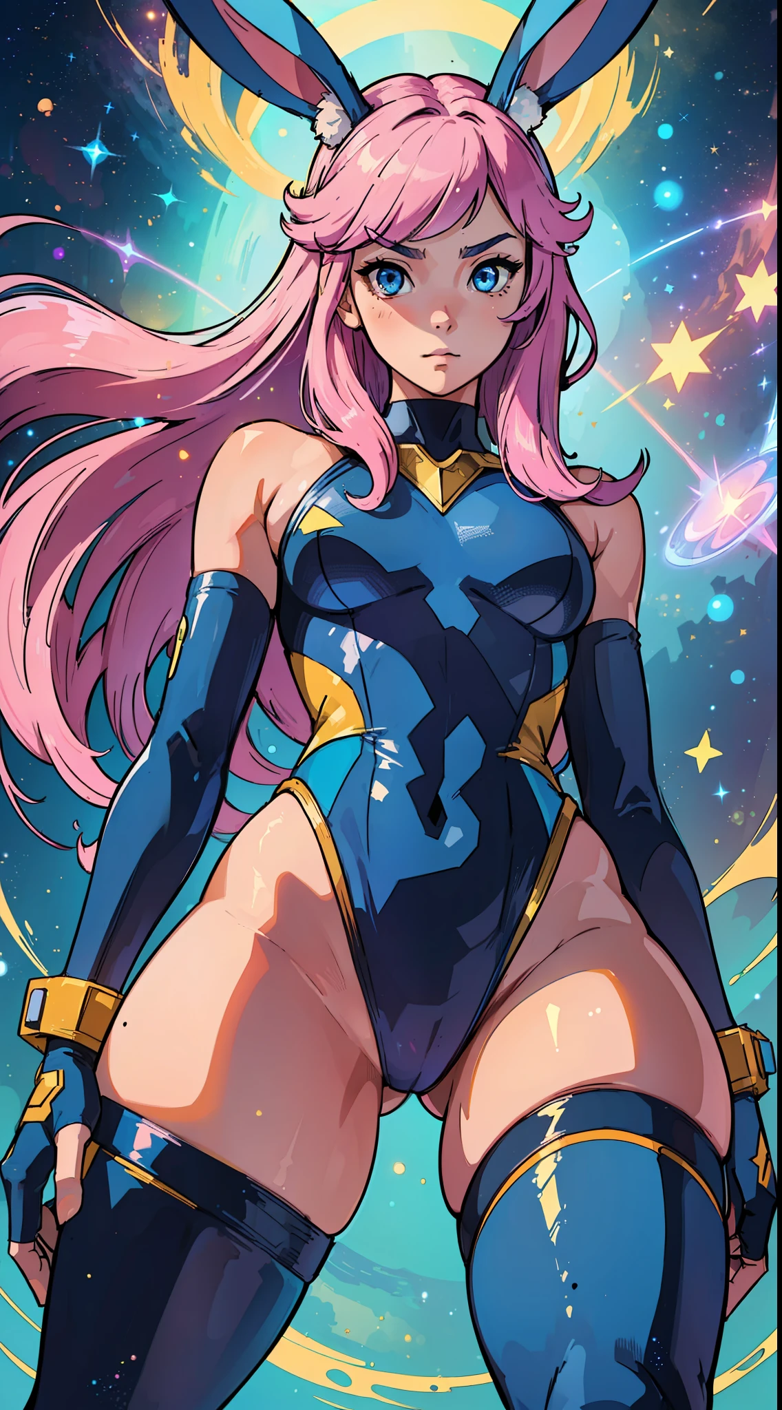 rabbit woman with blue and yellow eyes, in a blue bathing suit, long orange, pink shadow hair with rabbit ears same color bunny ears, space dandy, stars, kirby style, space hero, galactic hero, anime hero female, small smirk,long legs, mid bust, womanly figure.
absurdres, 8k,(RAW photo, best quality), (beautiful composition, coherent:1.3)
best quality, ultra high res, masterpiece, extremely detailed, 8k wallpaper, cinematic lighting,
beautiful detailed eyes, extremely detailed eyes and face, perfect anatomy,
an extremely delicate and cute face, round eyes
natural lighting, cinematic,