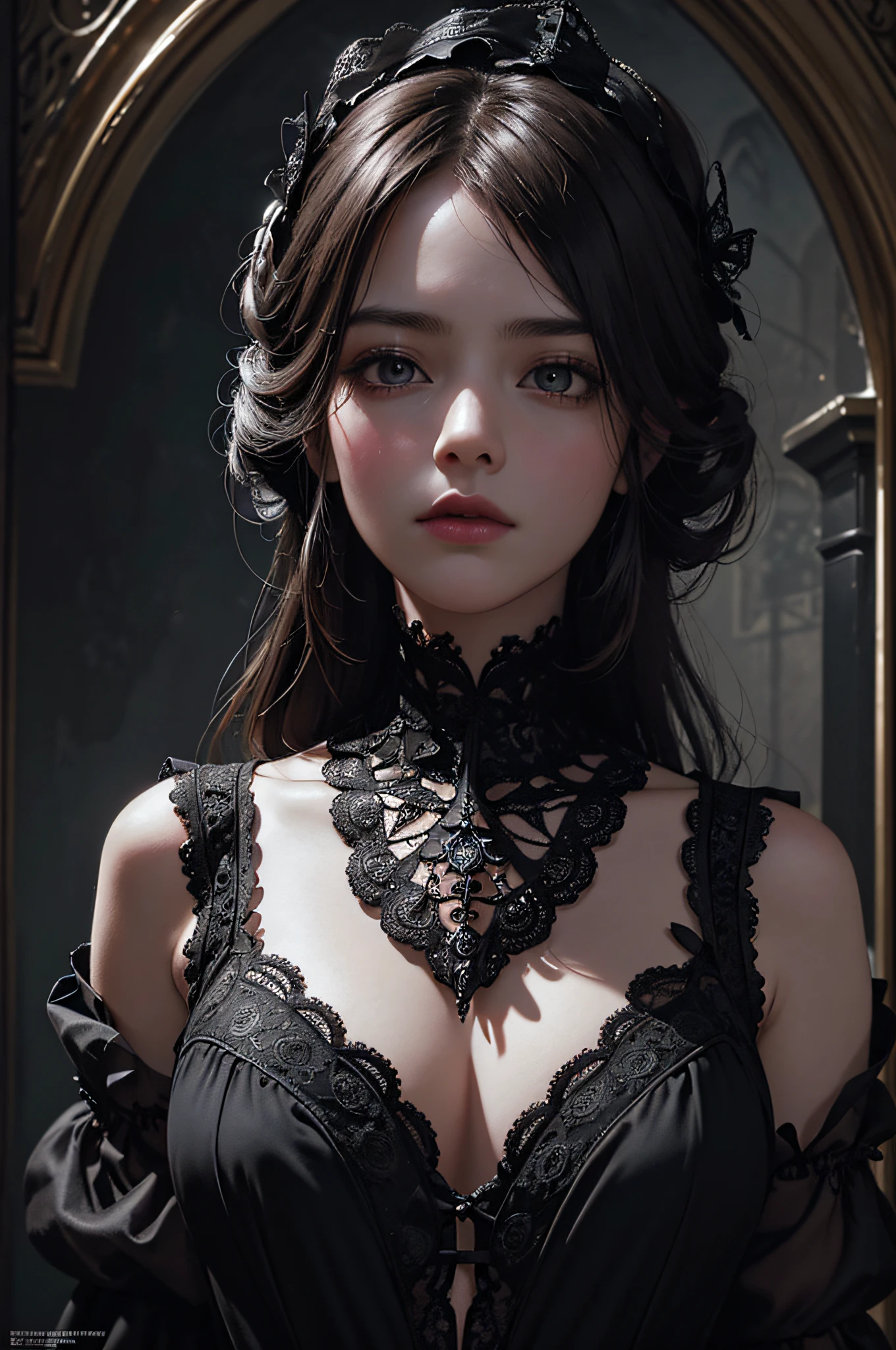 Official Art, Unity 8k wallpaper, super detailed, beautiful, beautiful, masterpiece, best quality,
darkness, atmosphere, mystery, romanticism, creepy, literature, art, fashion, victorian, decoration, intricacies, ironwork, lace, contemplation, emotional depth, supernatural,
1 girl, solo, neck, bust composition