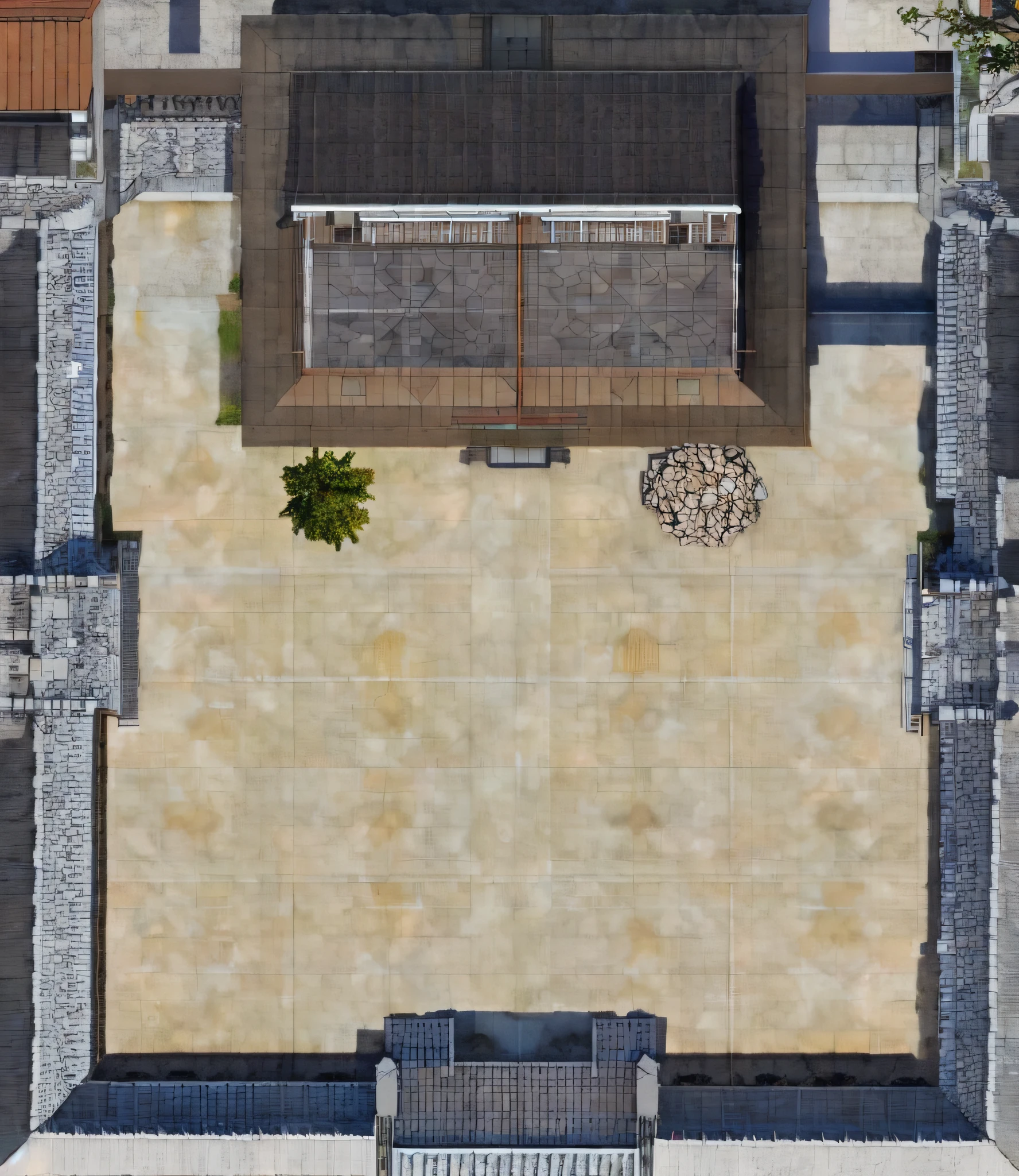 aerial view of a Japanese temple courtyard, and a bird's eye view, aerial view top down, aerial view from above, close-up from above, photo from above, satellite view, photograph from above, fantasy art style, d&d map, battlemap, outdoor rooftops, two trees in center