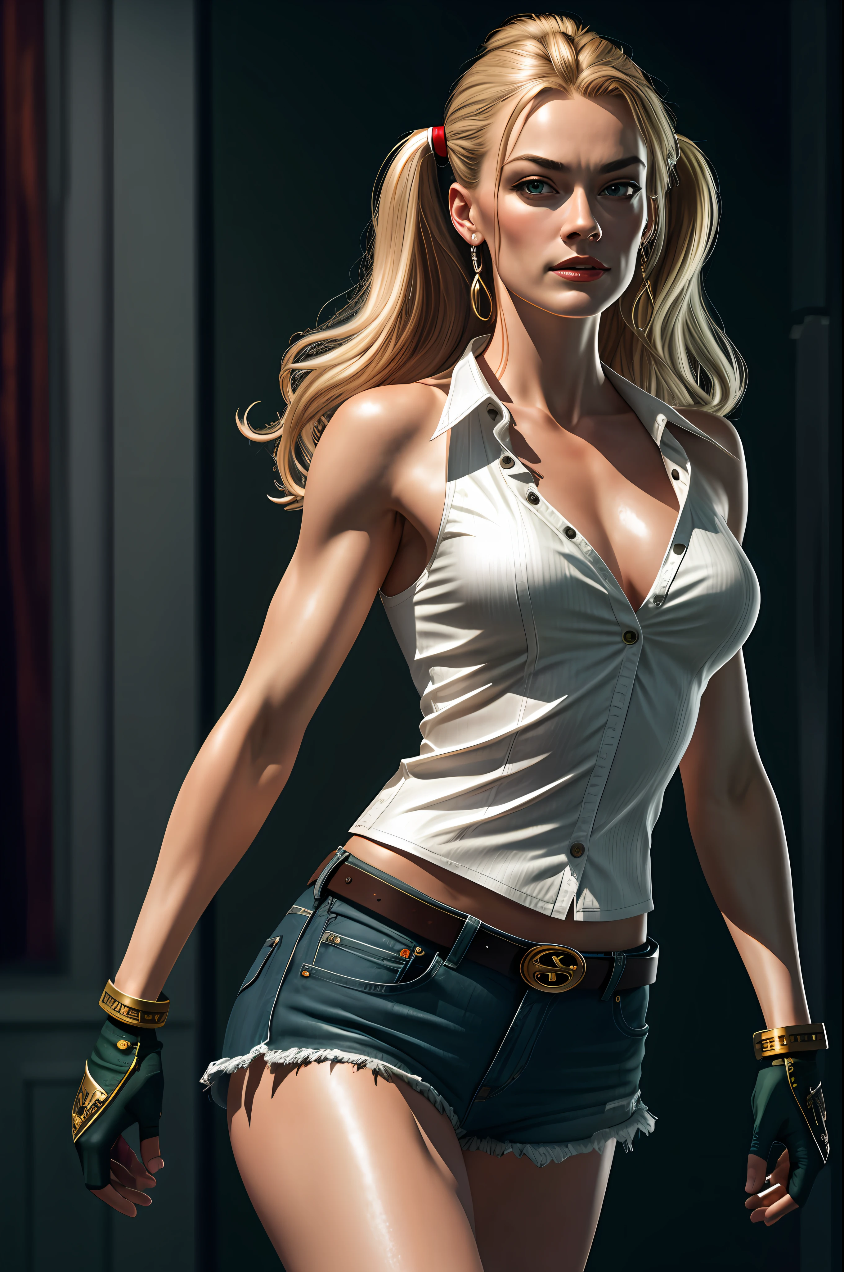Yvonne Strahovski with a white low-cut blouse bouncing her breasts, with big butt, long light brown hair, green eyes, cinematic lighting, reflective light, UHD, super detail, textured skin, anatomically correct, high details, high quality, 1080P, HD, 4K, 8k, 16k, highres, best quality, super detail(8k, RAW photo, best quality, masterpiece: 16.9), ultra detailed, official art, photo-realistic:  1.37, upper body shot, DC Harley Quinn, film grain, action pose