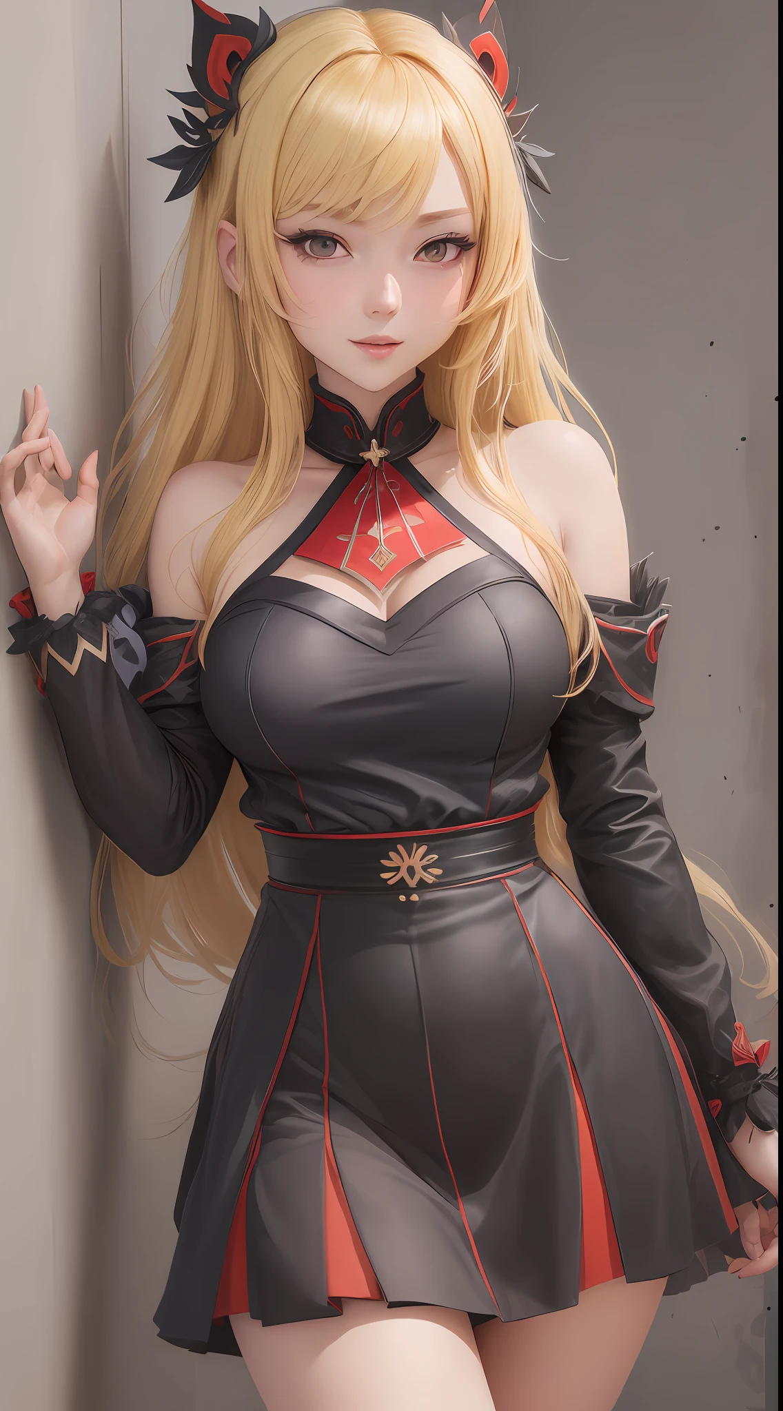 (best quality), (masterpiece), prompt = "Lumine (from Genshin Impact), (sexy and happy) against the wall, (blonde hair), (red face), (medium breasts), wearing a (black top) and (red little skirt)" --auto --s2