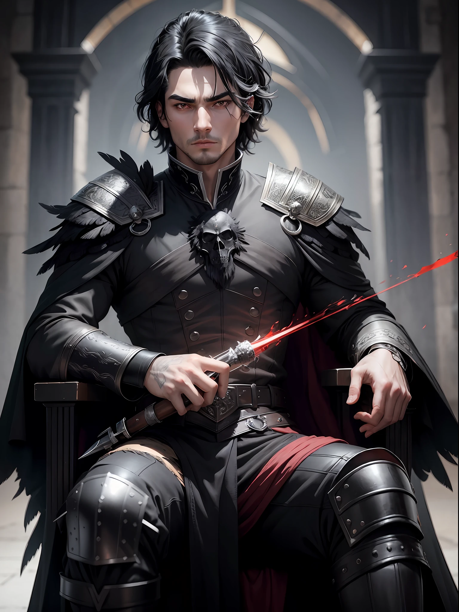 A man with black hair and red eyes will be sitting on an iron throne. His attire will have skull details and raven feathers. Raven feathers will be falling around him, with studio lights. The image should have high quality