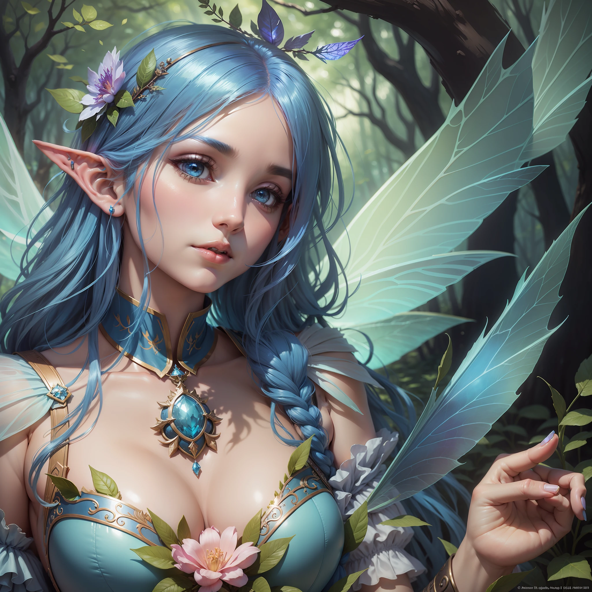 Menin with blue hair and large fairy wings in a forest, fairy portrait, portrait of a fairy, fantasy art style, beautiful fantasy art, 2. 5 d cgi realist fantasy art, detailed fantasy art, very cute elf portrait, beautiful and elegant elf queen, anime fantasy illustration, fantasy style art, anime fantasy art, detailed fantasy digital art, elf princess, clothing made of plant, large breasts, glow of light, healing power --auto --s2