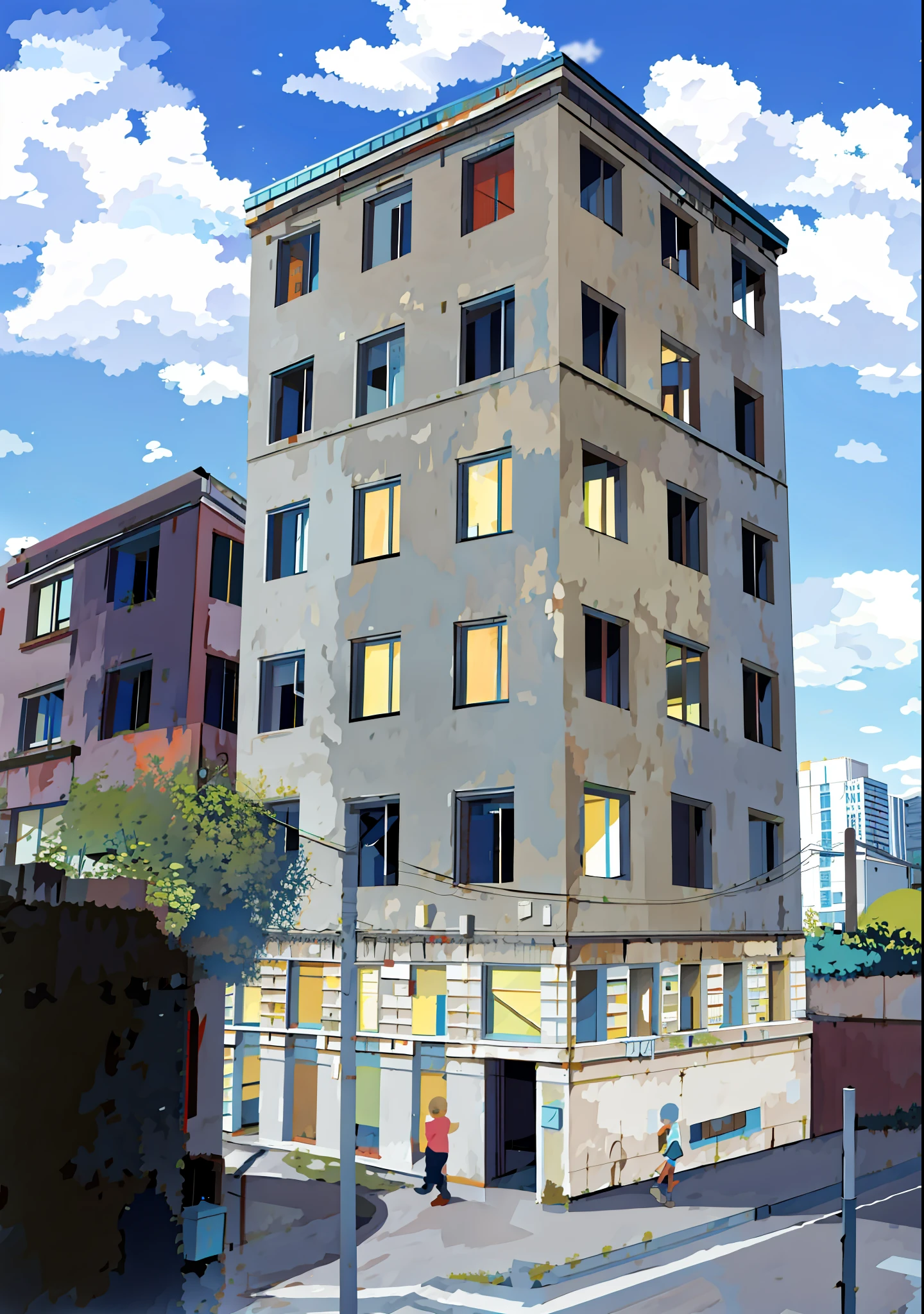 Painting of a tall building with a sky background and a person walking ...