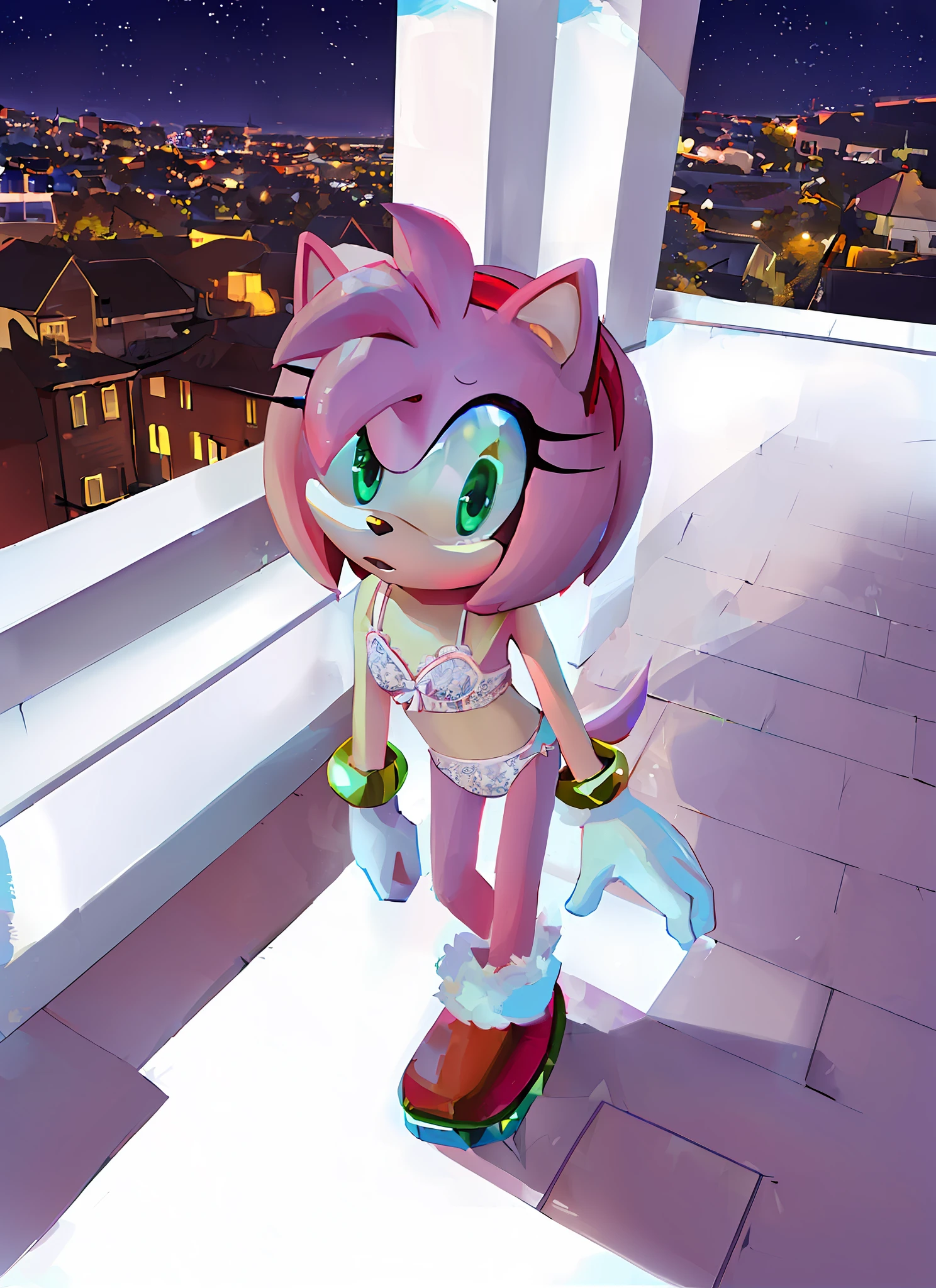 "(((masterpiece))),4k resolution,extremely delicate and beautiful,dynamic angle and pose,(1girl), animal nose,. Amy rose, bra, white panties, sfw, (( thin )), 12 years old girl, (( thin legs )), golden brasalet both arms, alone, looking at viewer, night, city background, on building roof