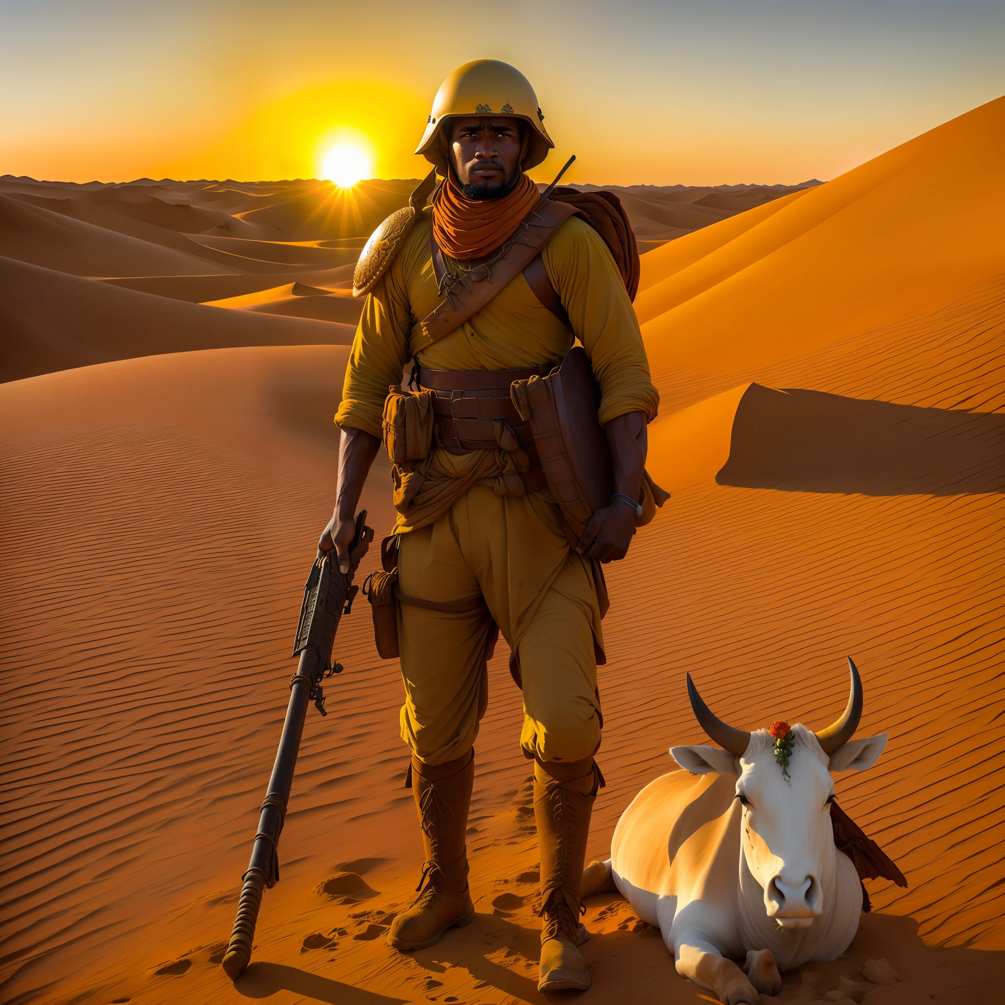 An absolutely mesmerizing sun over the sertão, desert, with a mixture of oranges, roses and yellows. Dead ox head in the desert sand. A military soldier returning from battle holding an ox's head in his hand.