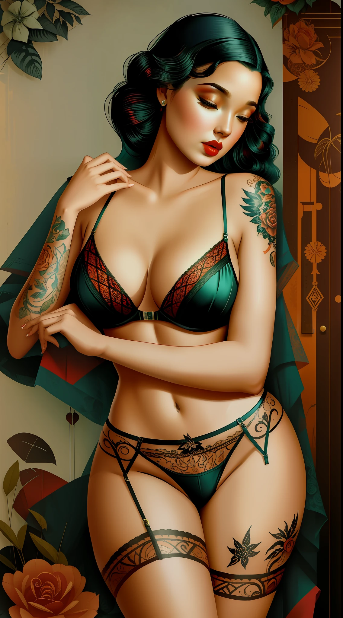 retro,vintage,beautiful and sexy woman with many tattoos and sexy lingerie,old