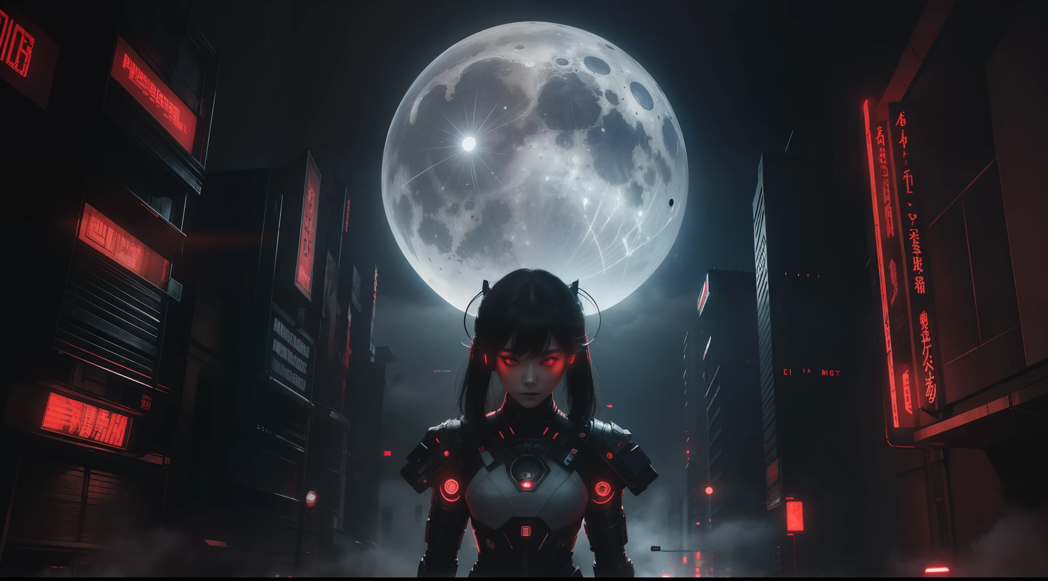 humanoid kyubi white female, red lights, metropolis, cyber punk, destroyed city, dystopian, moon, neon lights black and white, shadows, fog, fog, very high detailed, cinematic lighting, cinematic, cinematic, high detailed, ultra detailed, highlight lighting, very divine colors, realistic, 8k, HDR