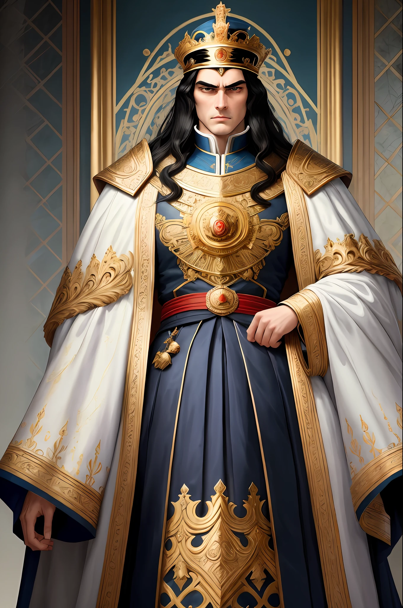a king of imposing presence, tall and slender stature, broad shoulders, slightly wavy black hair, blue eyes, face with well-defined and symmetrical features, square chin, serene expression, (masterpiece:1.5) (painting) (weighted lines) (best quality) (detailed) (intricate) (8k) (HDR) (wallpaper) (cinematic lighting) (sharp focus) (Winter-style: 0.5)