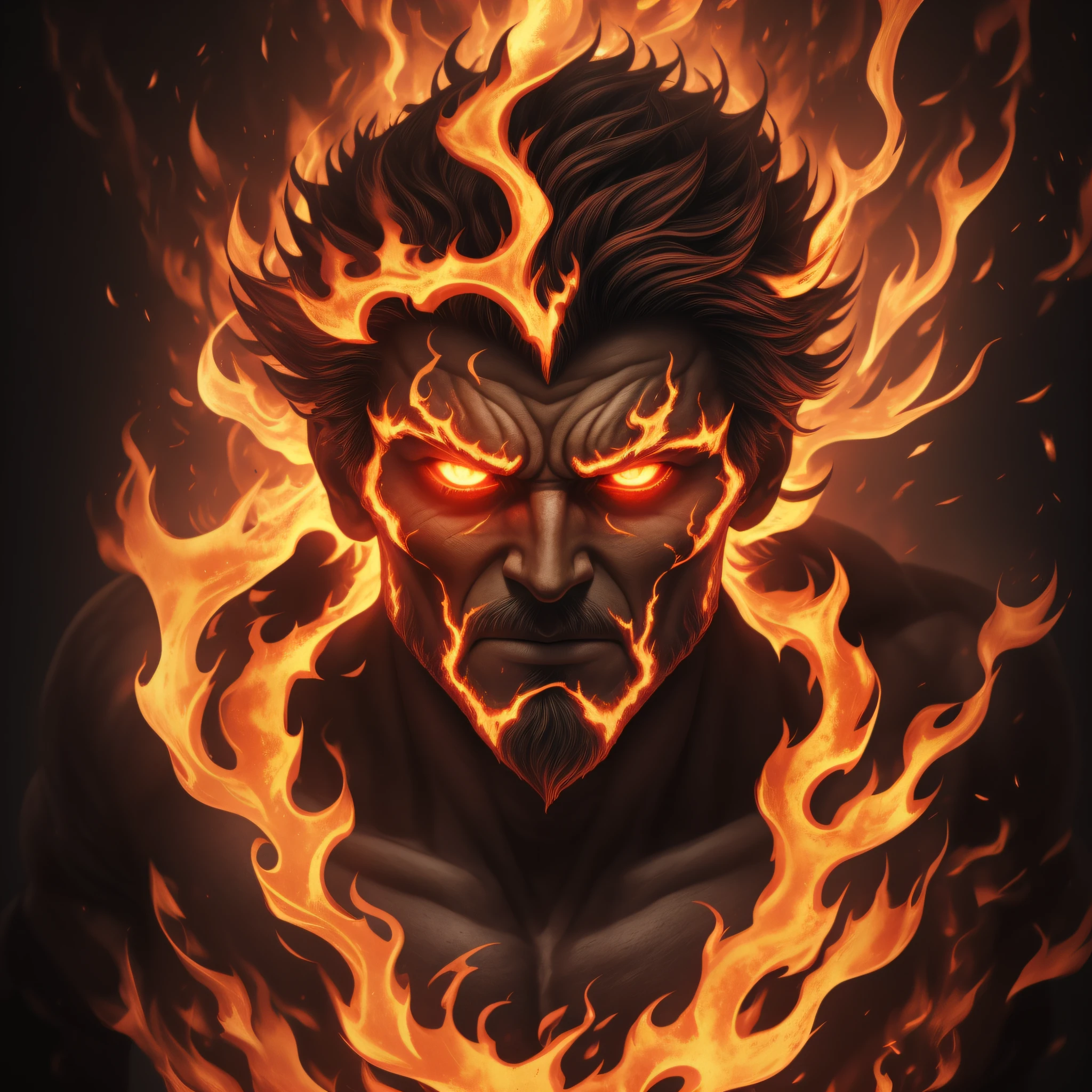 imagine a human-looking character reminiscent of a Burning Hell his skin glowing like lava, eyes coming out of fire with an intense glow, he is inside vuntion on fire, his body is all taken by fire, he has the appearance of an evil person, who likes nothing, who hates everything, he is to be mythical, that resembles a god,
