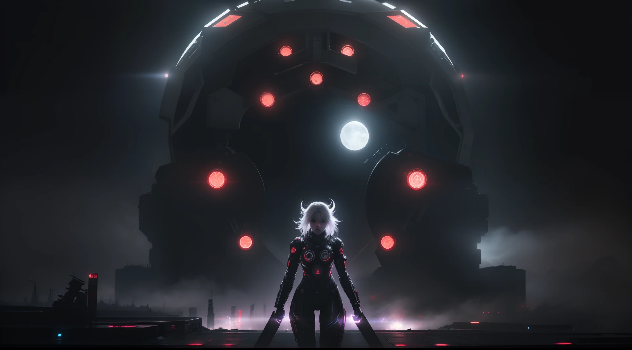 humanoid kyubi white female, red lights, metropolis, cyber punk, destroyed city, dystopian, moon, neon lights black and white, shadows, fog, fog, very high detailed, cinematic lighting, cinematic, cinematic, high detailed, ultra detailed, highlight lighting, very divine colors, realistic, 8k, HDR