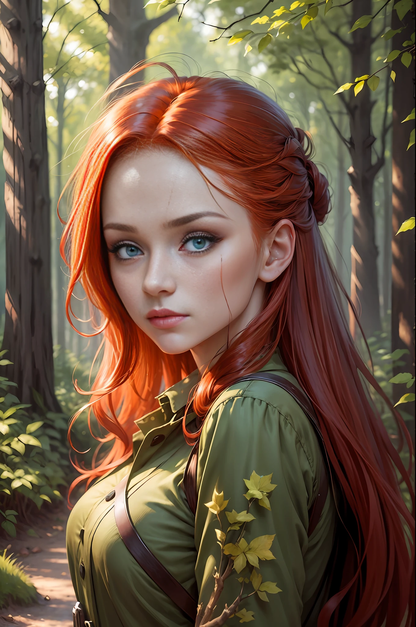Best Quality, Masterpiece, (Realist: 1.2), Red-haired Woman, Green Eyes, Archer, In the Forest, Shadows and Lights, Detailed Face, Beautiful Eyes, Peeled Out, War Paintings, Love Eyes --auto --s2