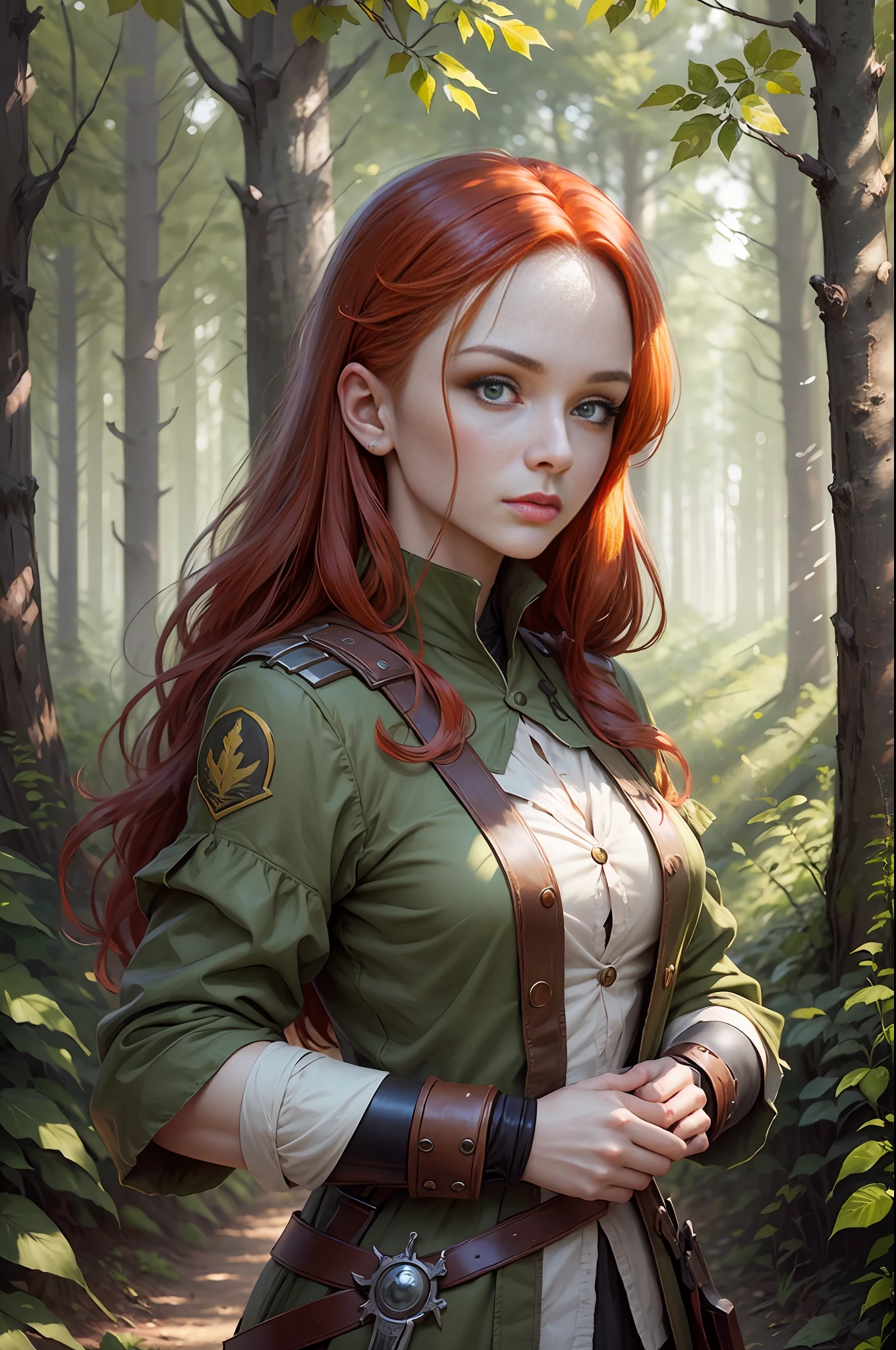 Best Quality, Masterpiece, (Realist: 1.2), Red-haired Woman, Green Eyes, Archer, In the Forest, Shadows and Lights, Detailed Face, Beautiful Eyes, Peeled Out, War Paintings, Love Eyes --auto --s2