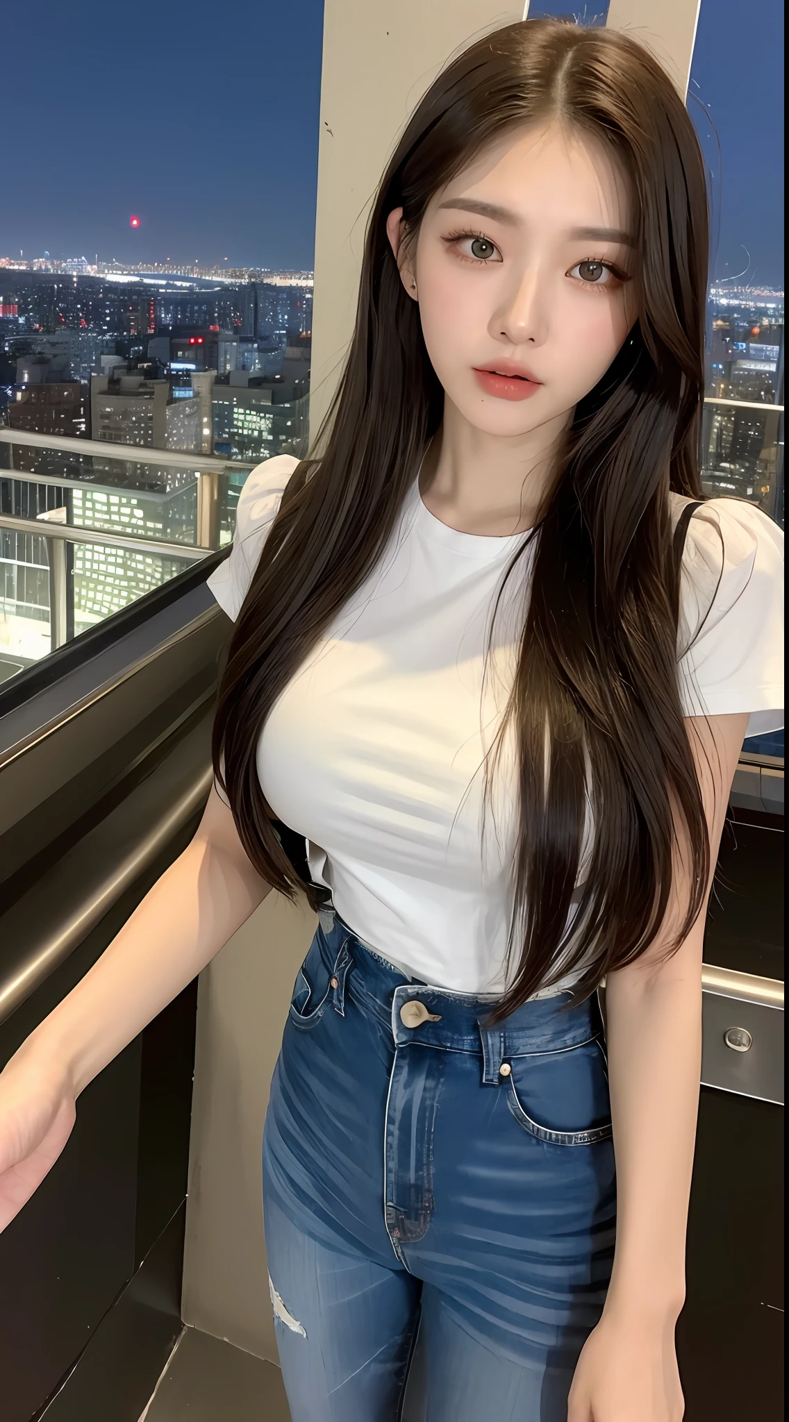 ((Midnight, Best quality, 8k, Masterpiece :1.3)), Whole body, Long legs, Sharp focus :1.2, A pretty woman with perfect figure :1.4, Slender abs :1.1, ((Dark brown hair, Big breasts :1.2)), (White tight tshirt, Jean bib, Standing:1.2), ((Night city view, Rooftop:1.3)), Highly detailed face and skin texture, Detailed eyes, Double eyelid
