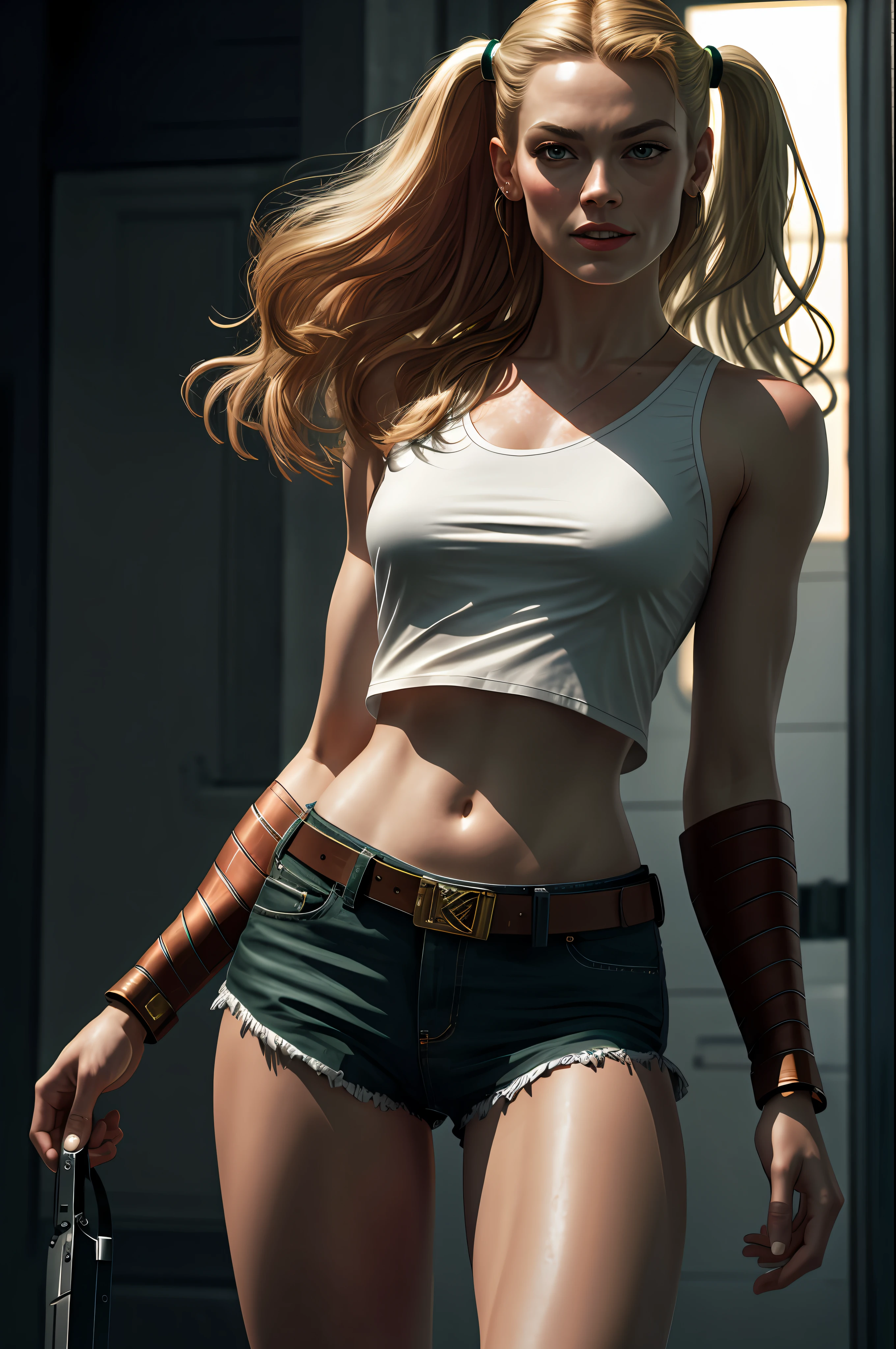 Yvonne Strahovski with a white low-cut blouse bouncing her breasts, with big butt, long light brown hair, green eyes, cinematic lighting, reflective light, UHD, super detail, textured skin, anatomically correct, high details, high quality, 1080P, HD, 4K, 8k, 16k, highres, best quality, super detail(8k, RAW photo, best quality, masterpiece: 16.9), ultra detailed, official art, photo-realistic:  1.37, upper body shot, DC Harley Quinn, film grain, action pose