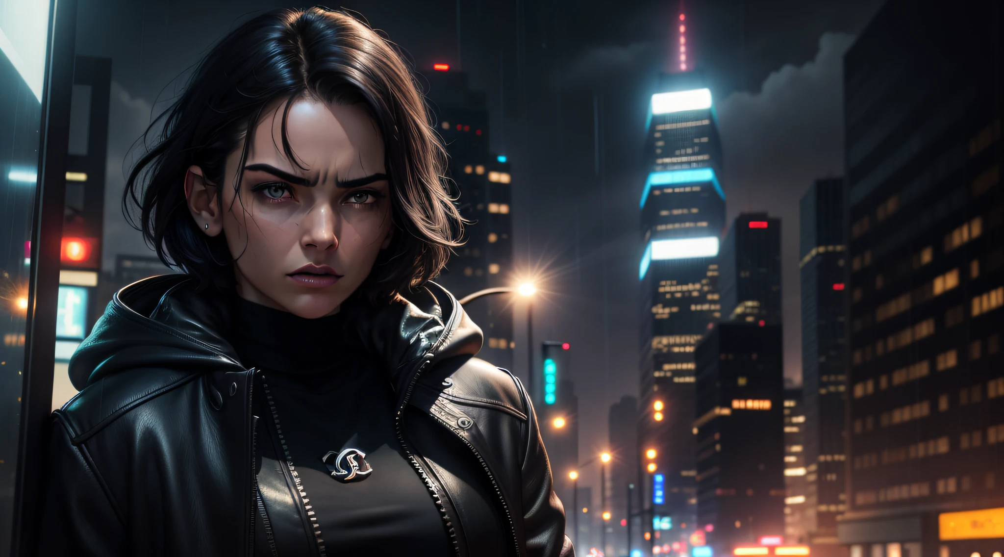 realistic, photorealistic, cinematic, cinematic lights, dark colors, volumetric lights, reflections, dramatic, ultra detailed, modern, ((masterpiece)), beautiful, sexy woman, solo, gray eyes, short hair, chanel black hair, hair in the wind, light age marks, marked jaw, lean body fitness, angry face, leather coat, hood tattoos old school, giant city, tall buildings, neons, raining, drops, thunder, night, moon in the sky, saturated. Close-up on the face.
