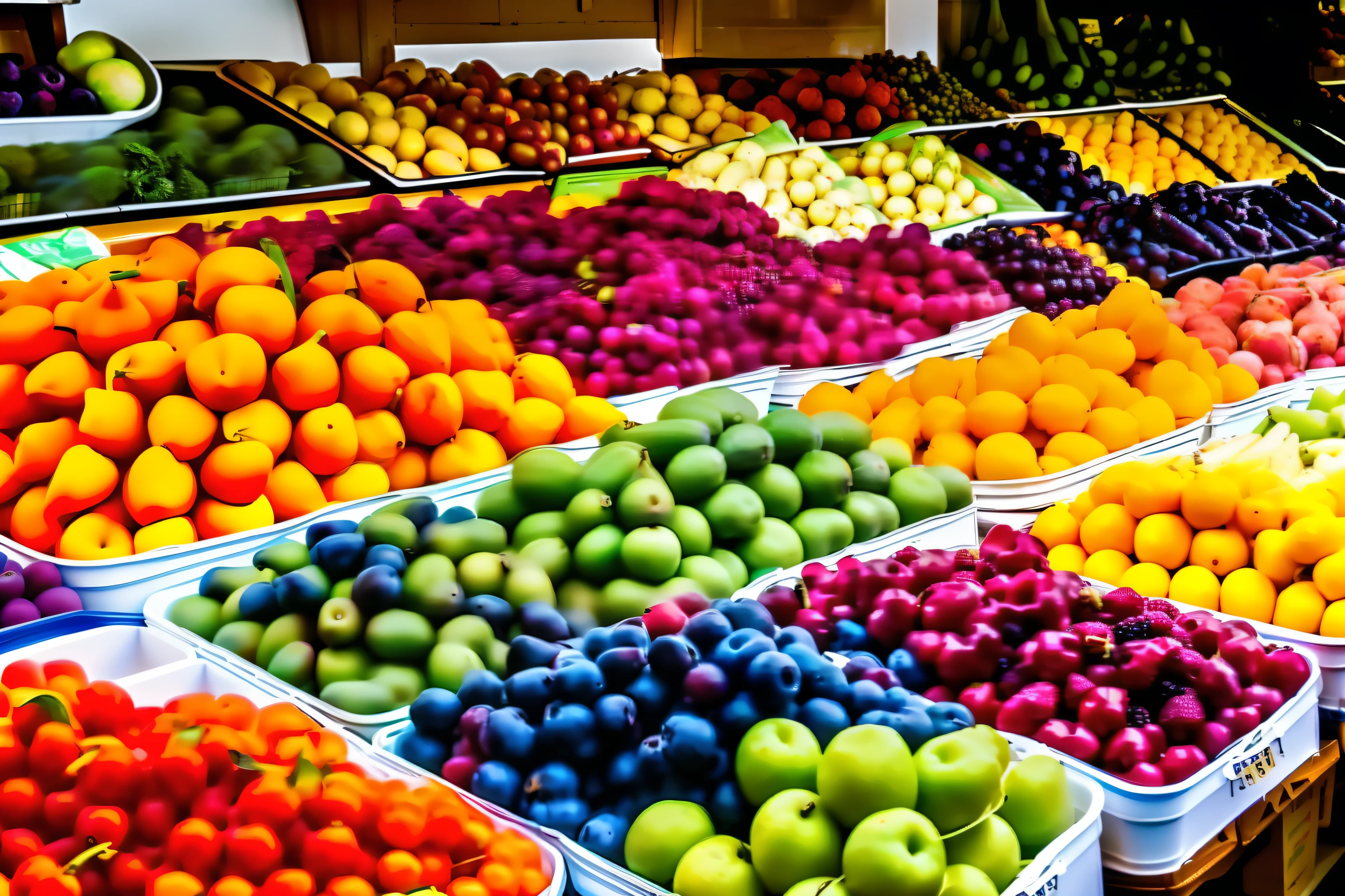 Colorful fruits displayed in greengrocers